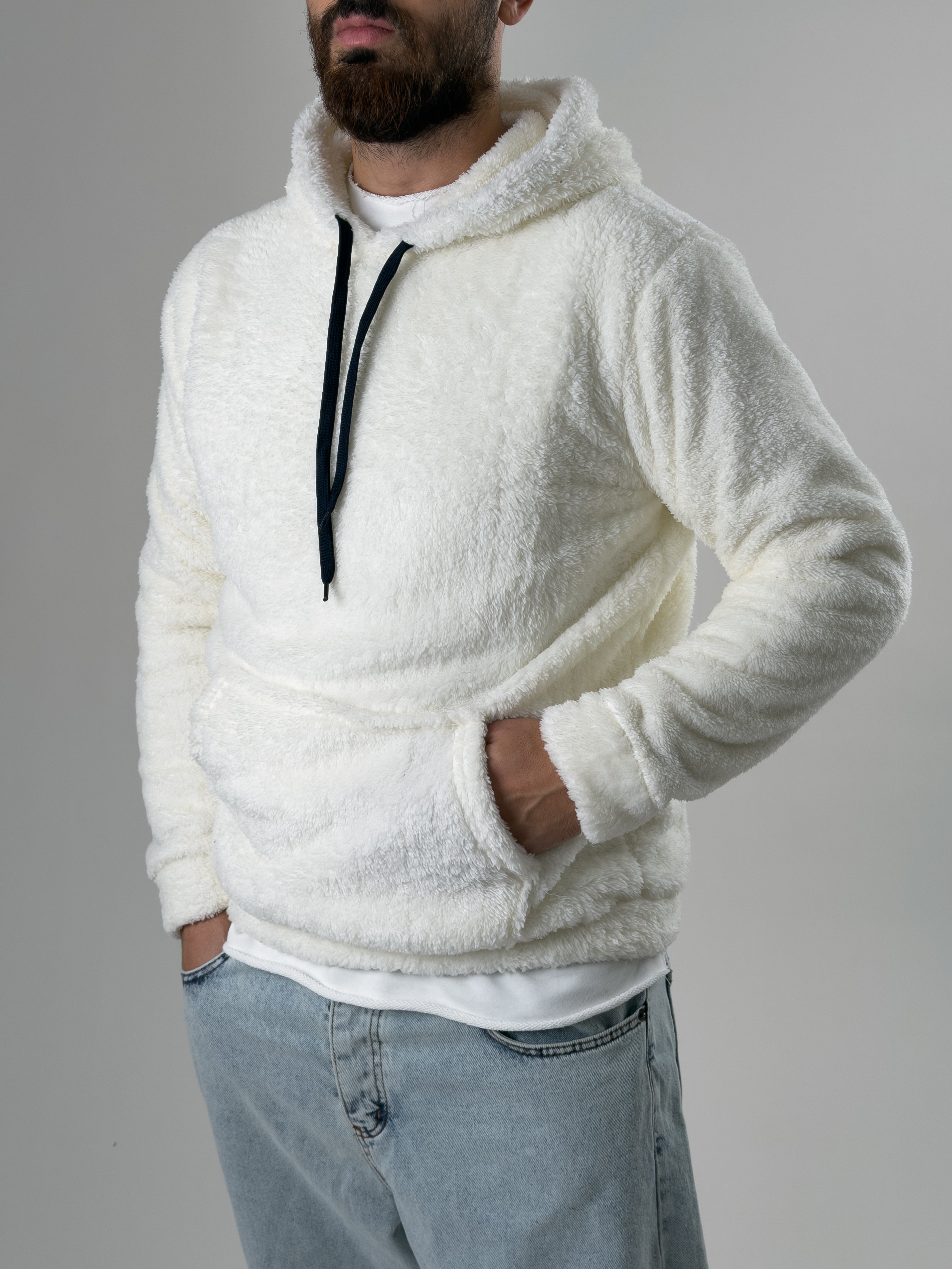 Erkek Kapüşonlu Ekru Peluş Sweat COC2591