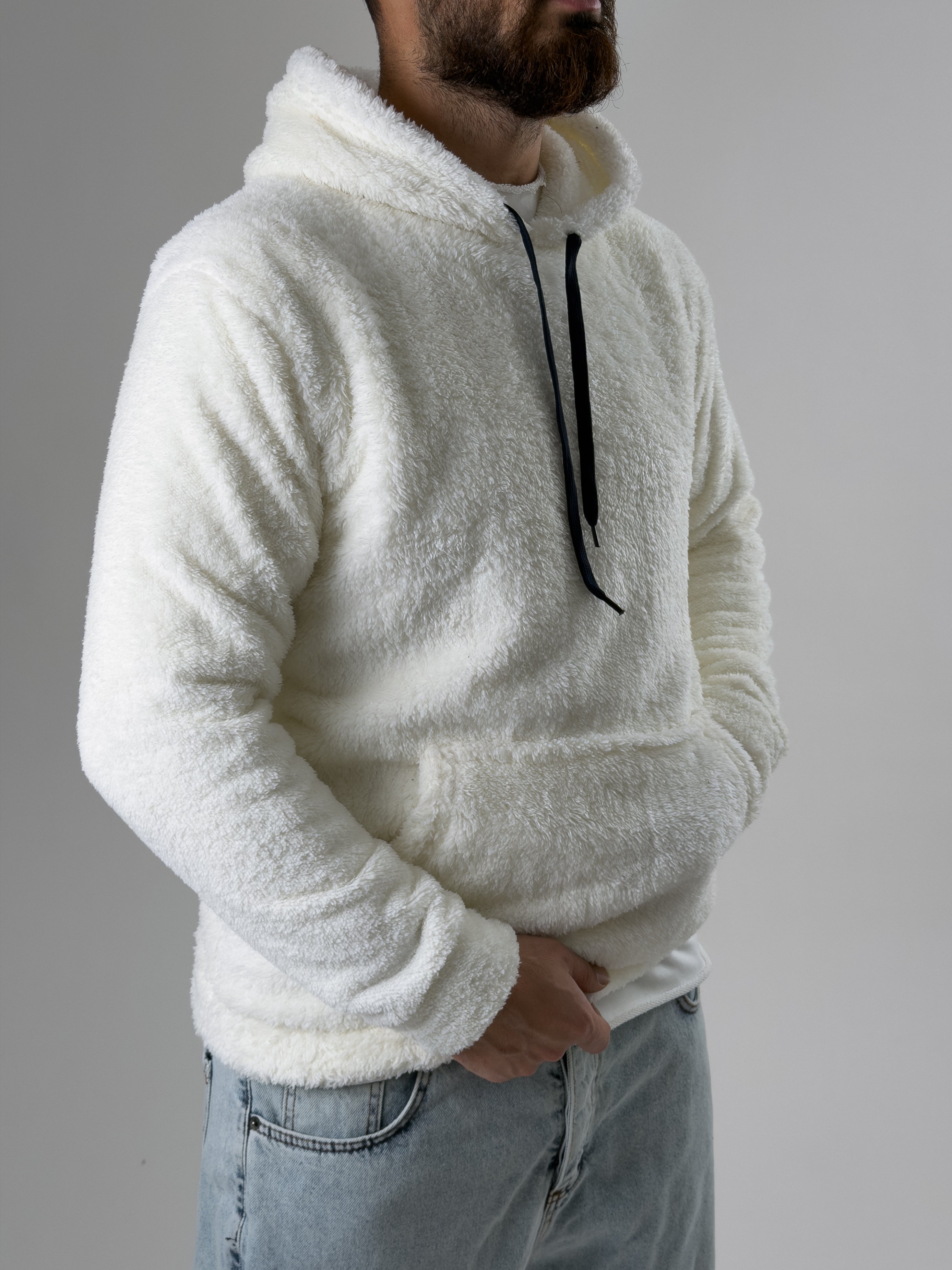 Erkek Kapüşonlu Ekru Peluş Sweat COC2591