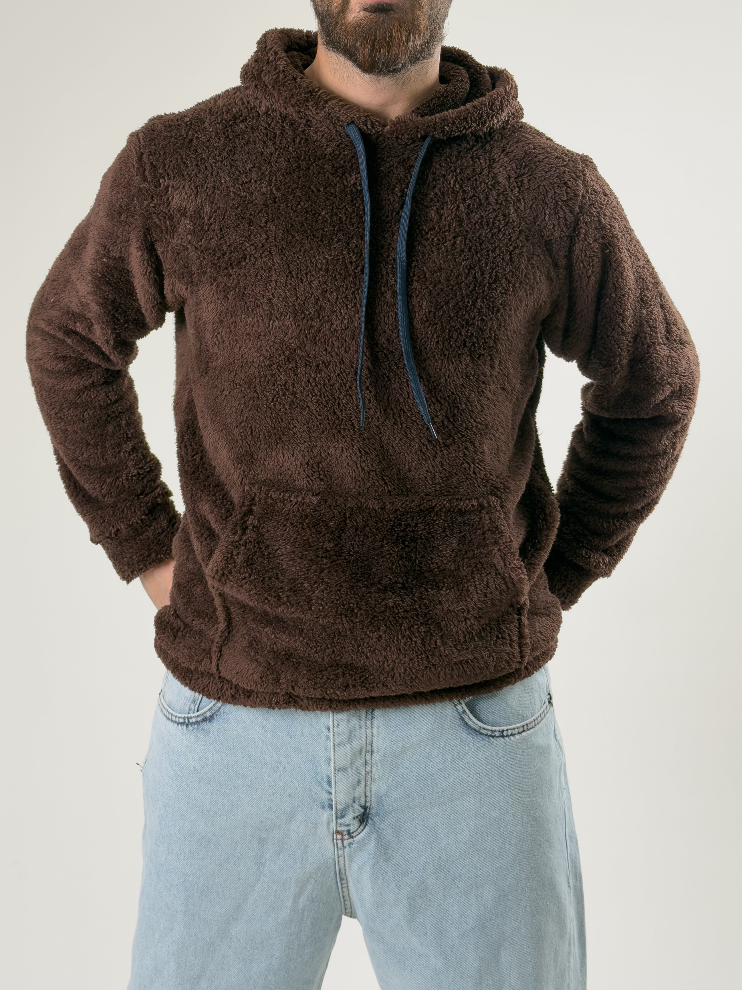 Erkek Kapüşonlu Kahve Peluş Sweat COC2592