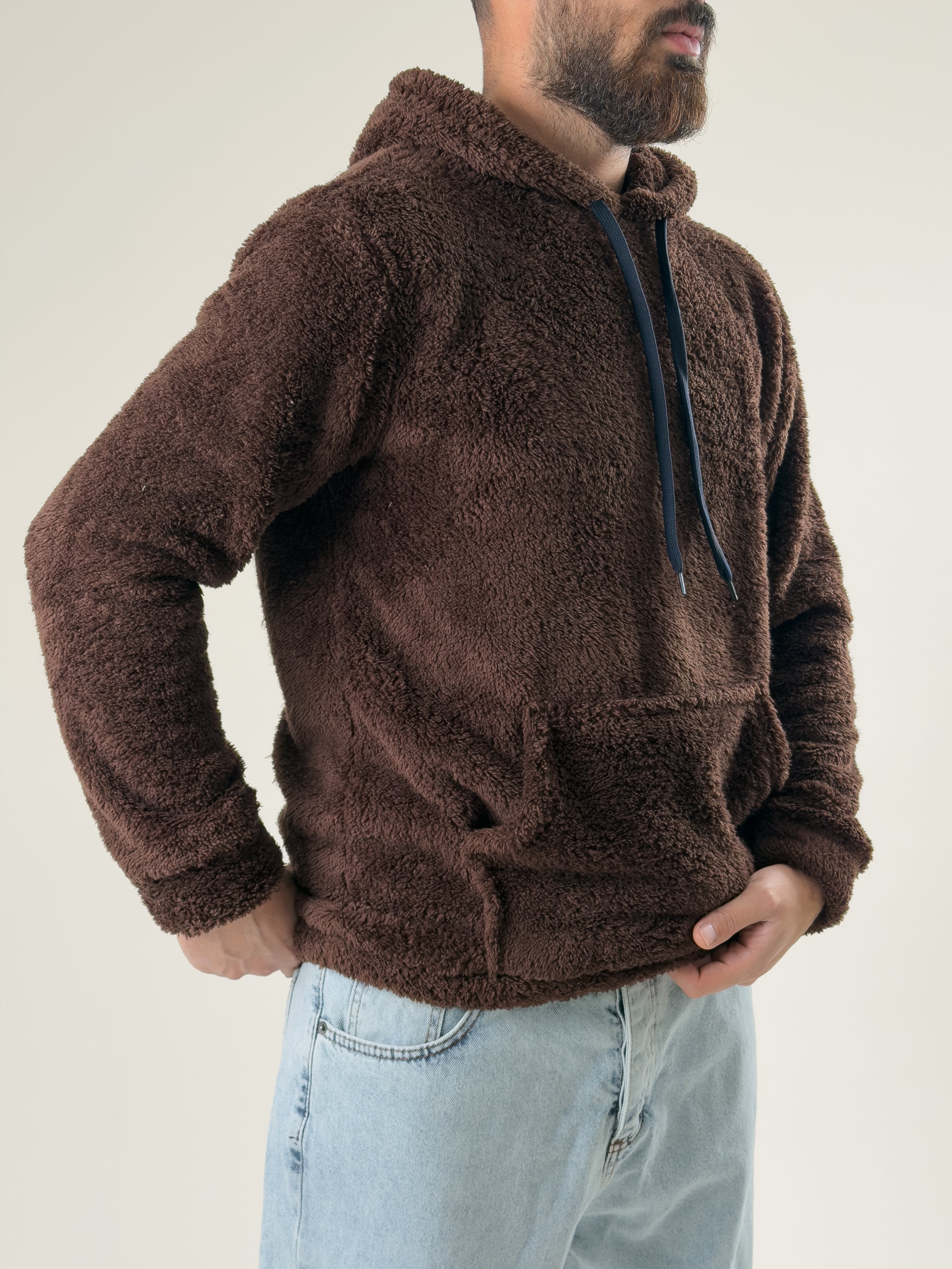 Erkek Kapüşonlu Kahve Peluş Sweat COC2592