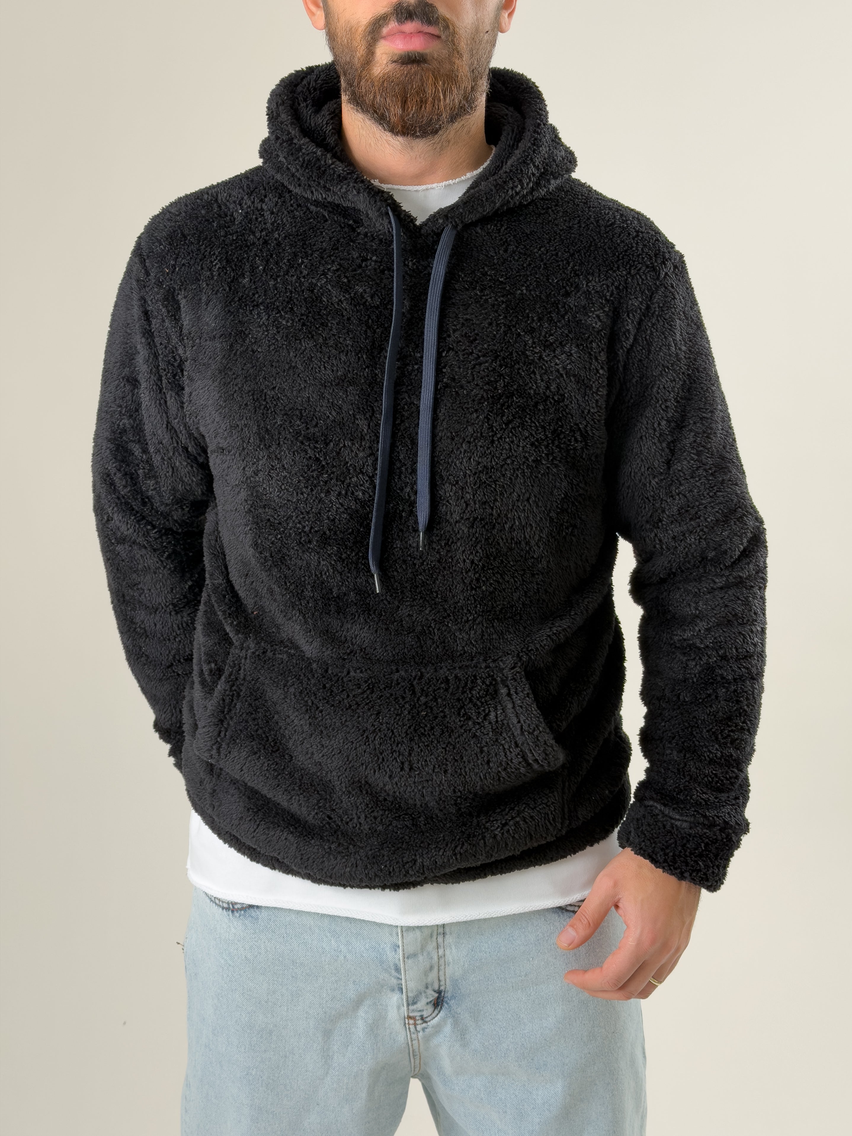 Erkek Kapüşonlu Siyah Peluş Sweat COC2593