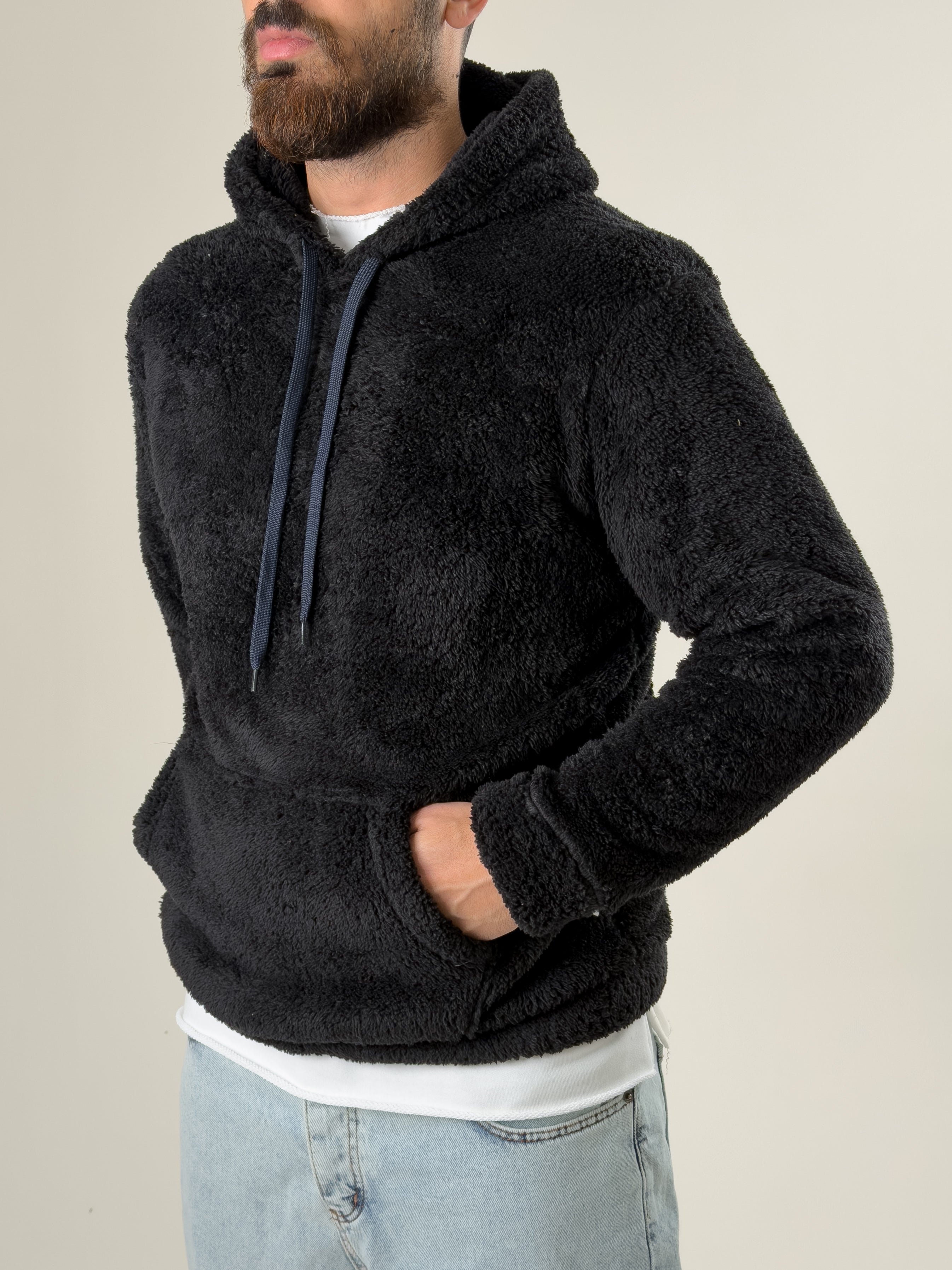 Erkek Kapüşonlu Siyah Peluş Sweat COC2593