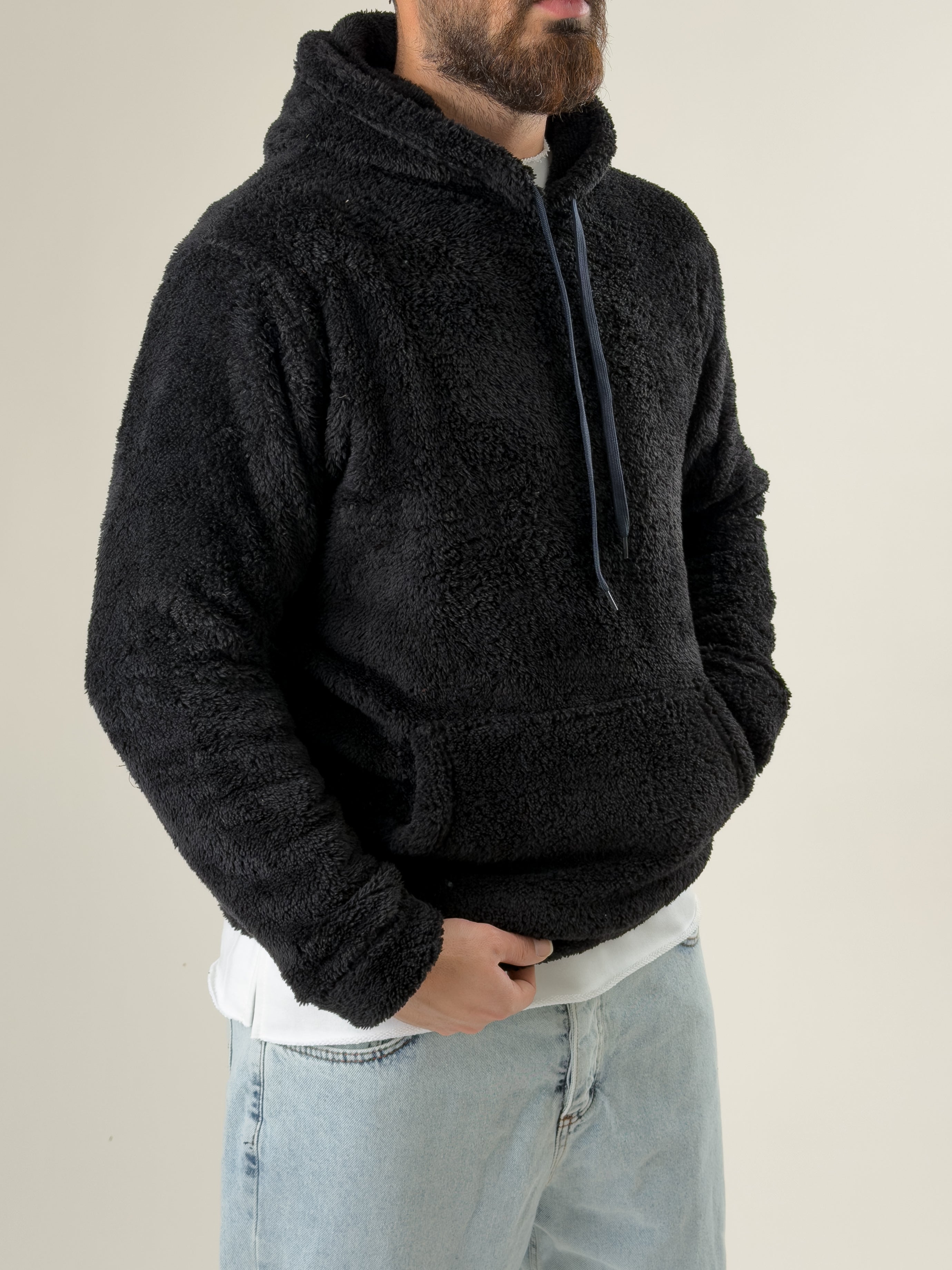 Erkek Kapüşonlu Siyah Peluş Sweat COC2593