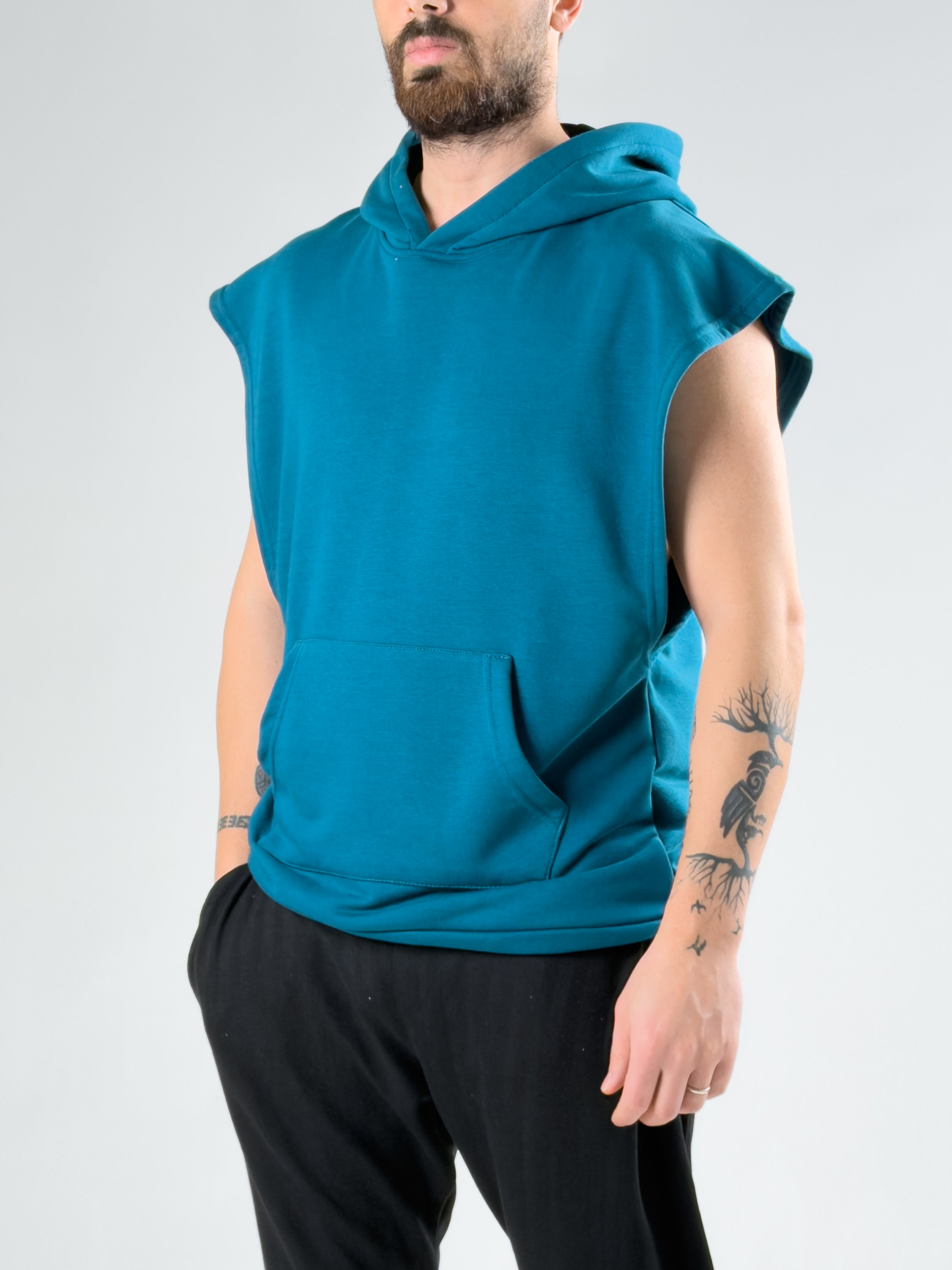Erkek Petrol Yeşili Sıfır Kol Hoddie COCK0057