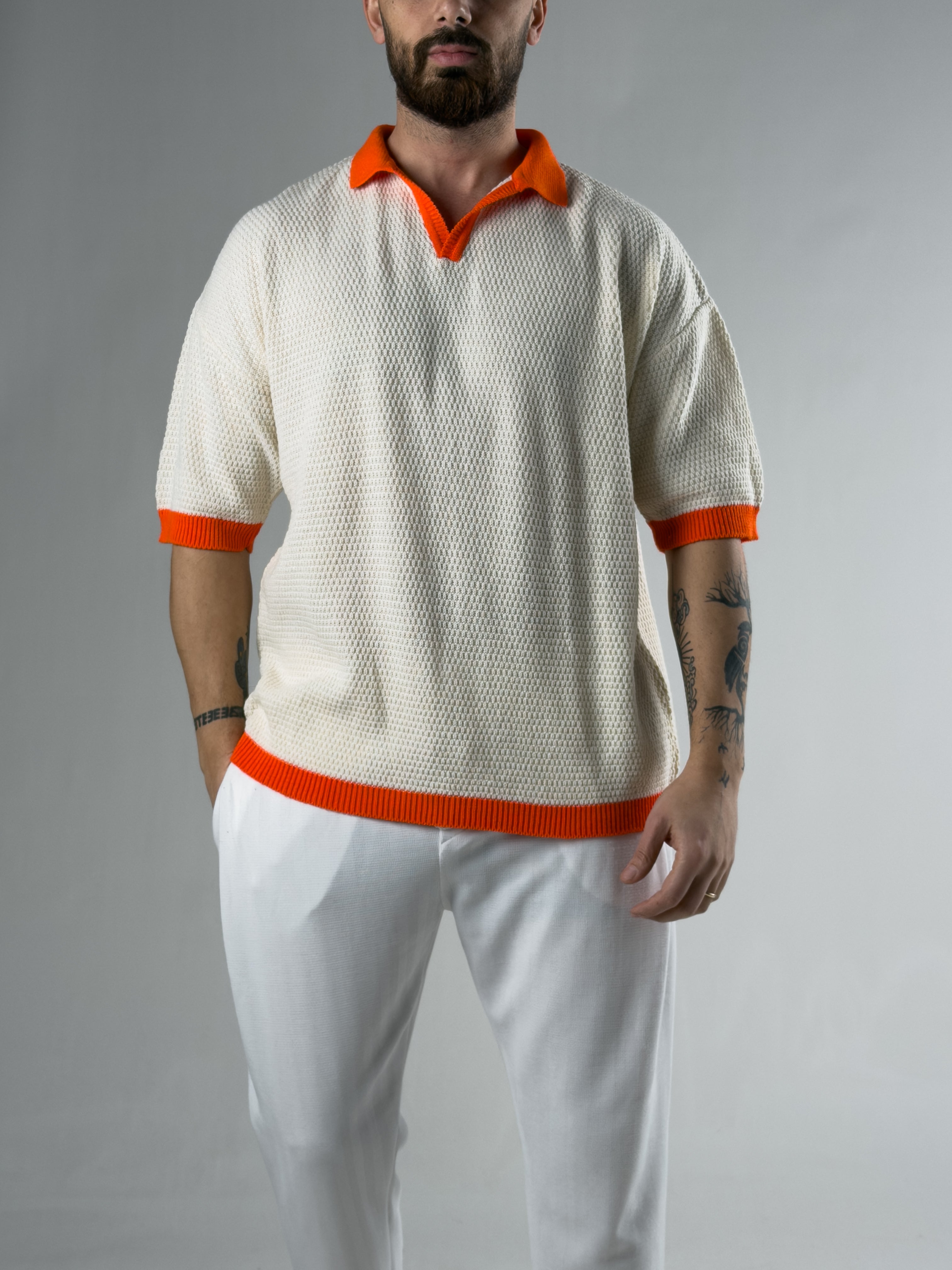 Erkek Turuncu Yaka Detaylı Triko T-shirt COCK0081