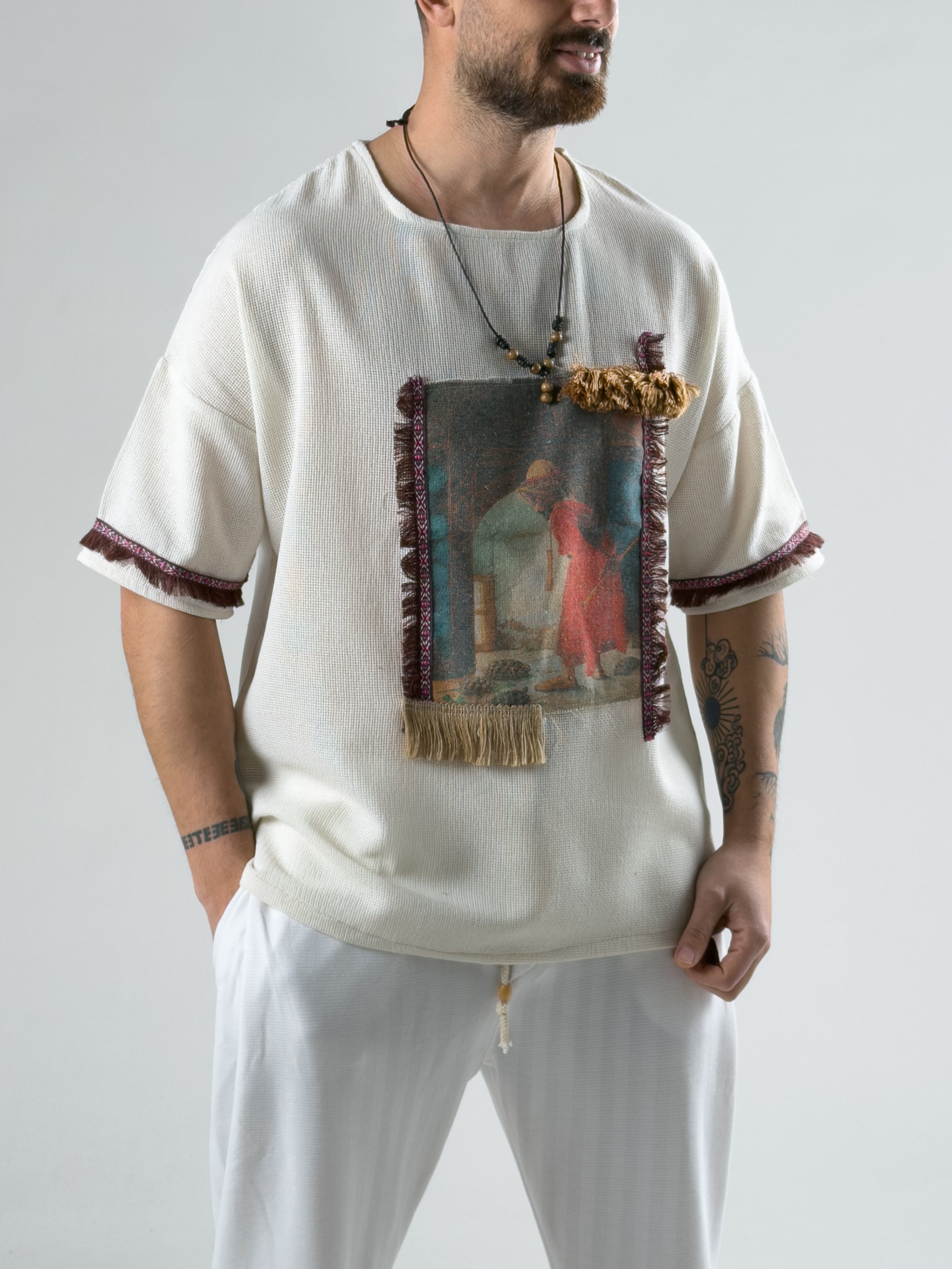 Etnik Desenli Bej Kaplumbağa Bohem Erkek T-Shirt COC2985