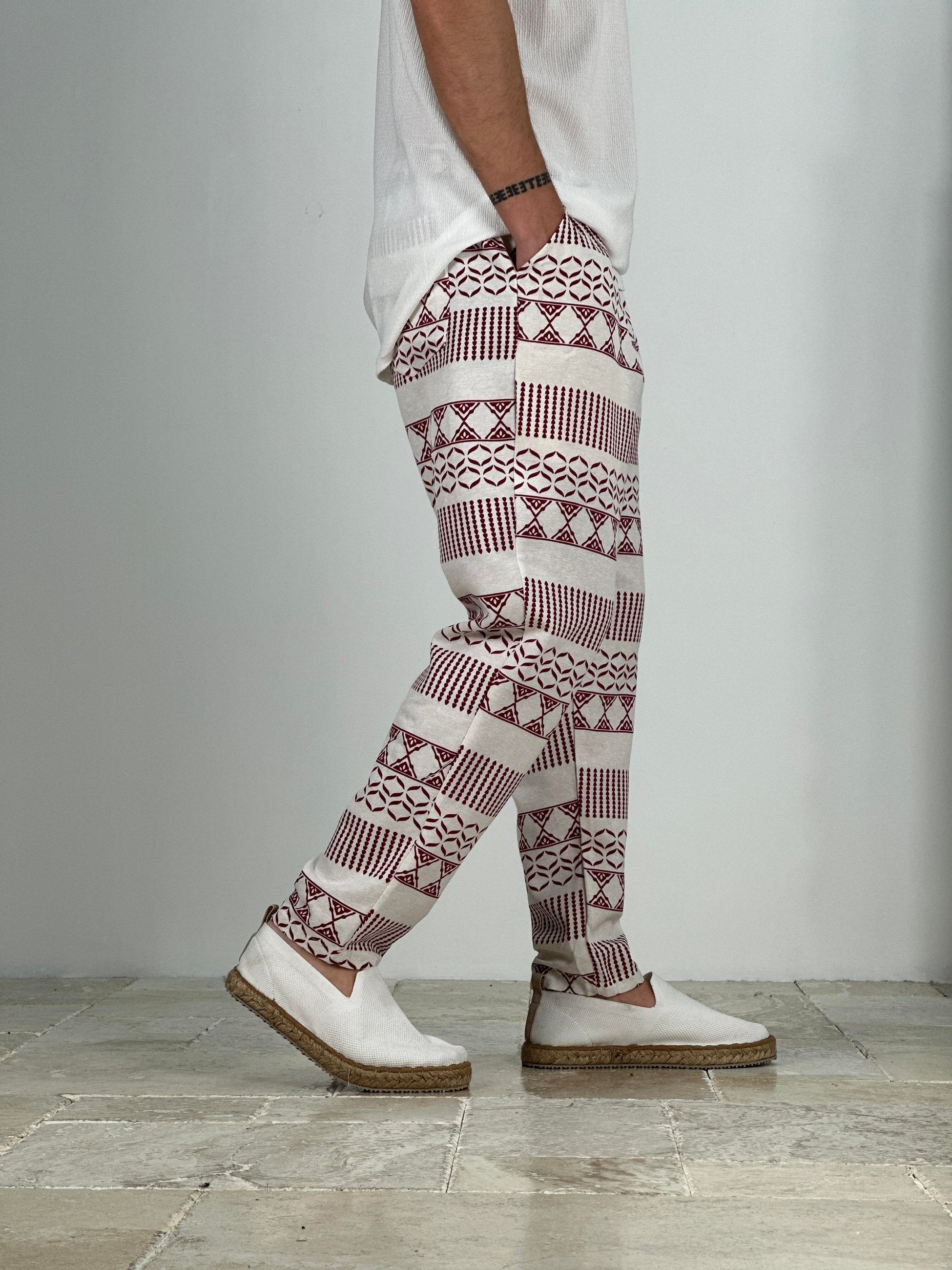 Etnik Desenli Bordo Keten Pantolon COC2228