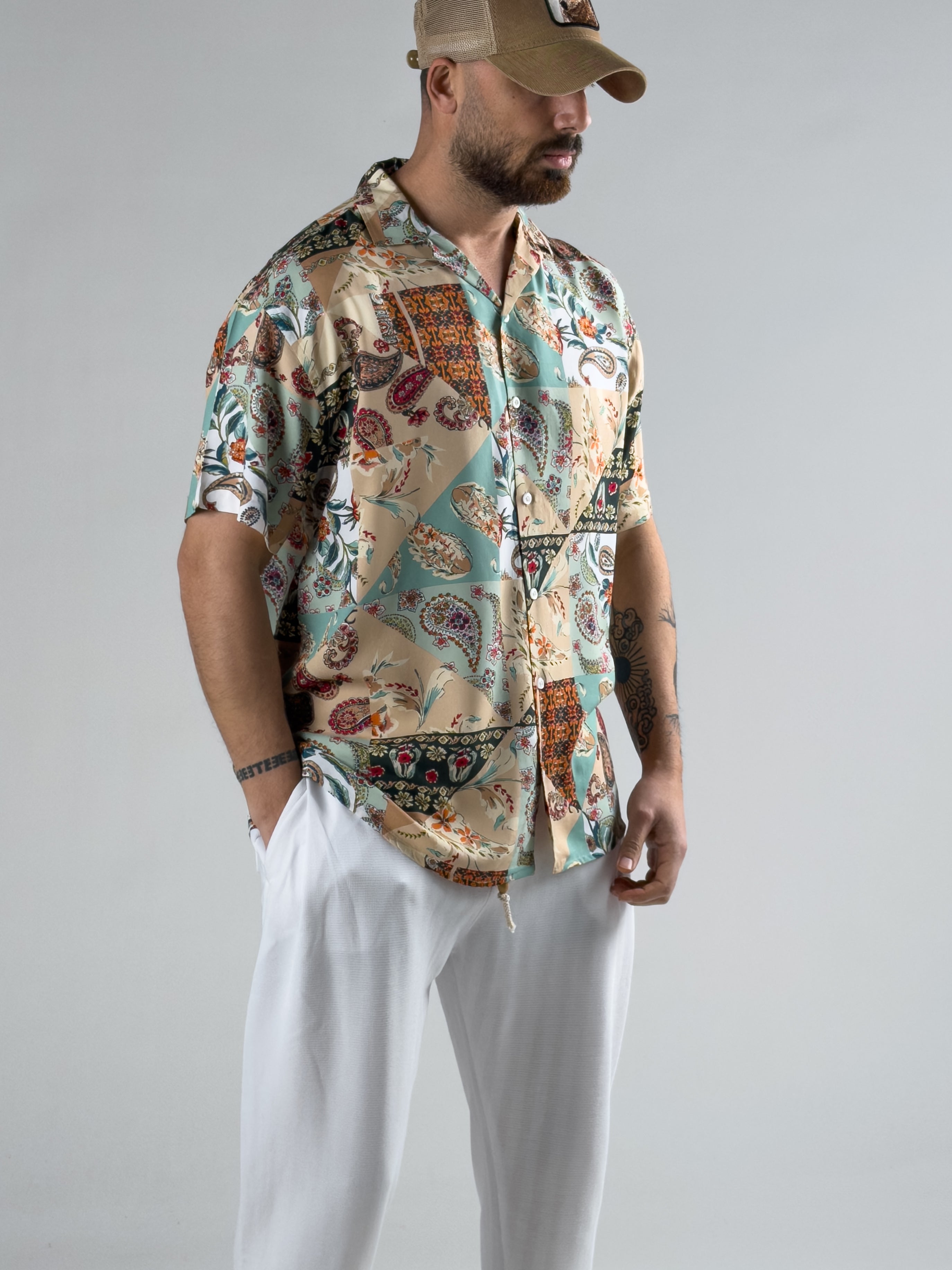 Etnik Desenli Tropikal Erkek Gömlek COC2976