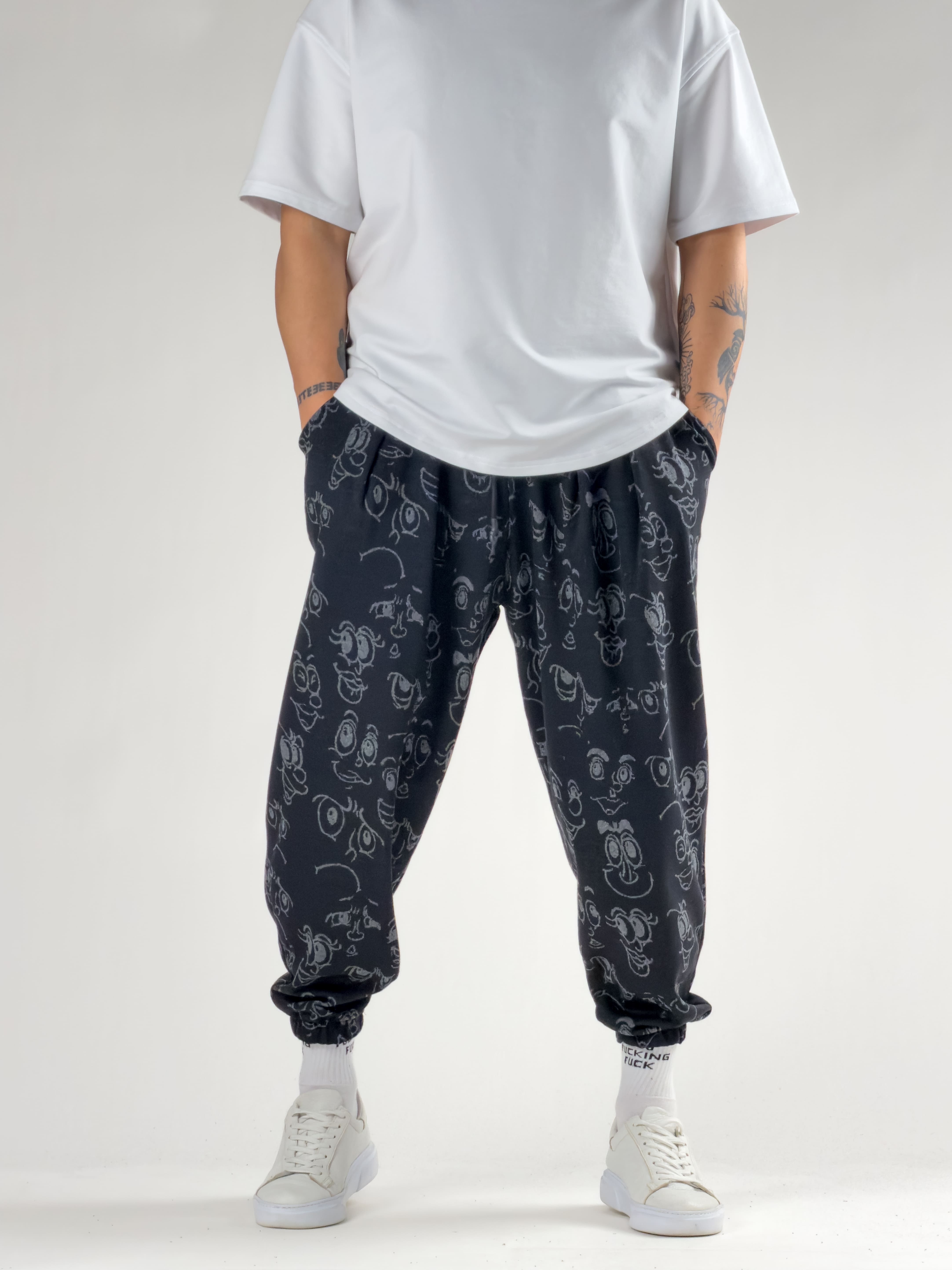 Face Desenli Siyah Pileli Erkek Jogger Pantolon COC2778