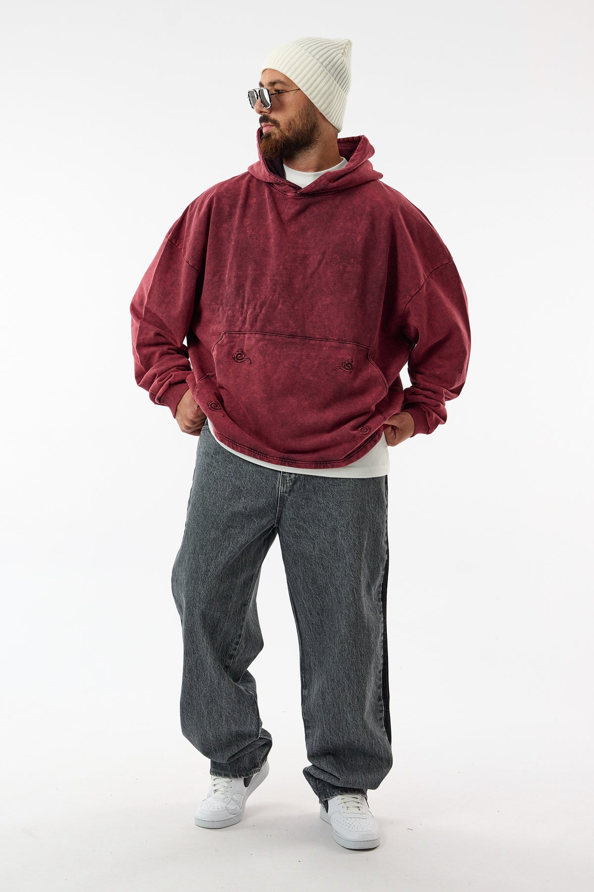 Faded Yıkamalı Tasarım Bordo Oversize Kapüşonlu Erkek Sweatshirt COC3671