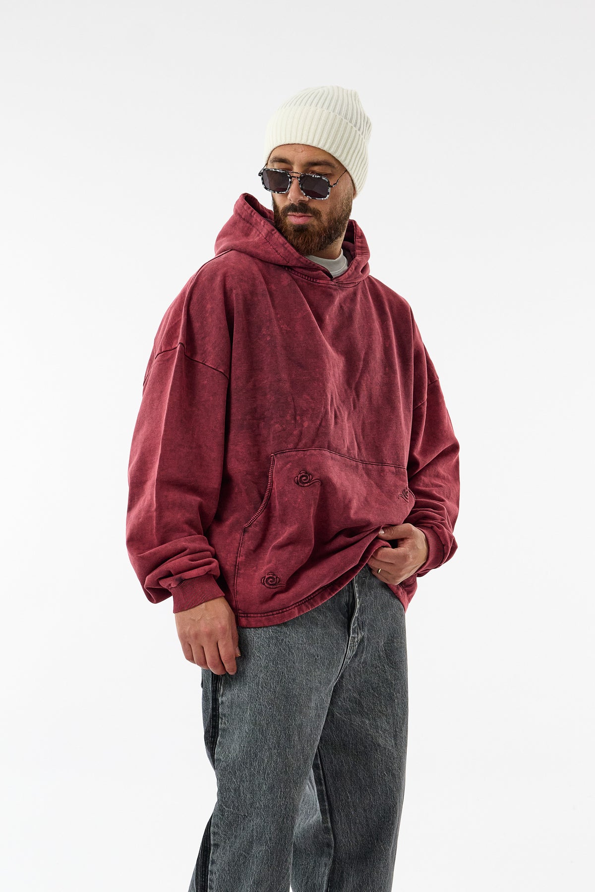Faded Yıkamalı Tasarım Bordo Oversize Kapüşonlu Erkek Sweatshirt COC3671