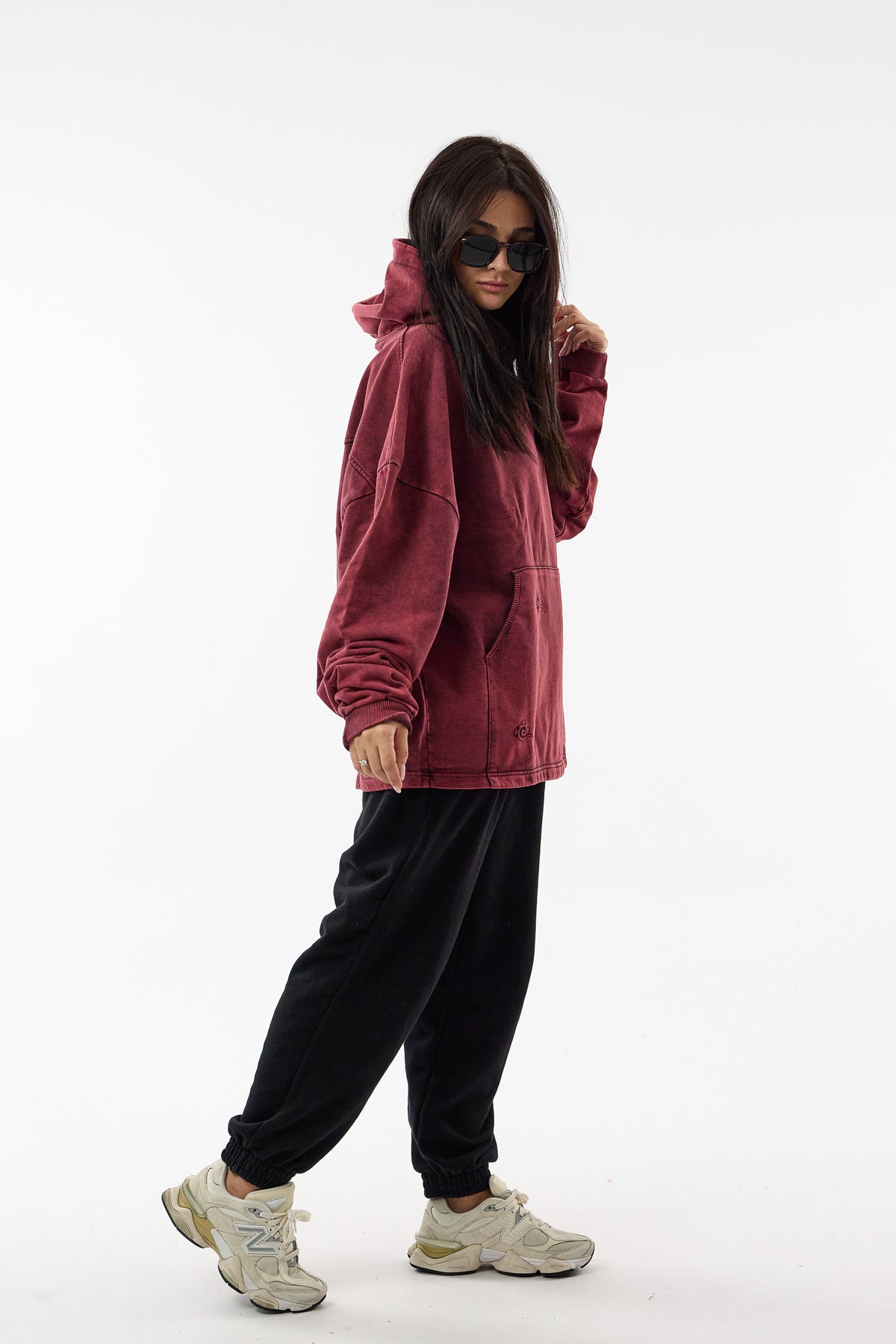Faded Yıkamalı Tasarım Bordo Oversize Kapüşonlu Kadın Sweatshirt COC3672