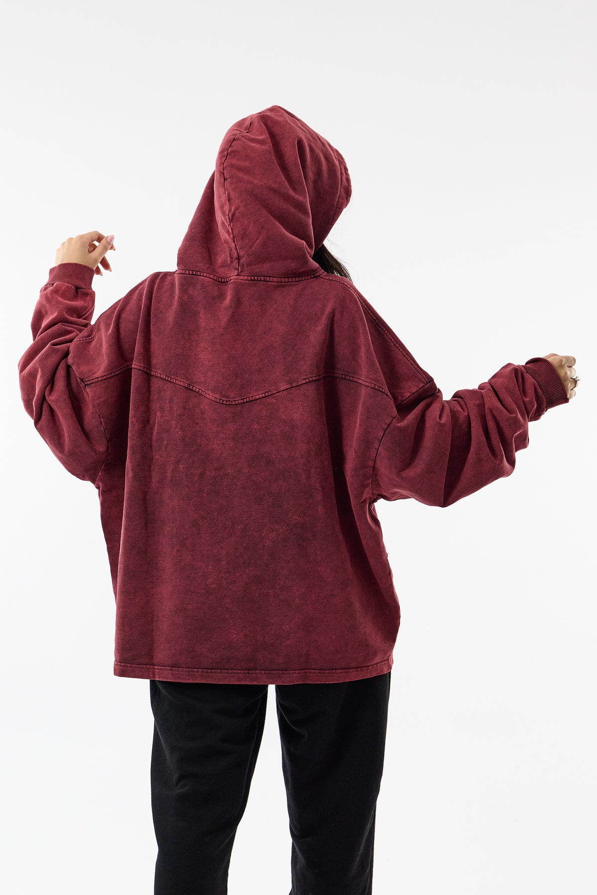 Faded Yıkamalı Tasarım Bordo Oversize Kapüşonlu Kadın Sweatshirt COC3672