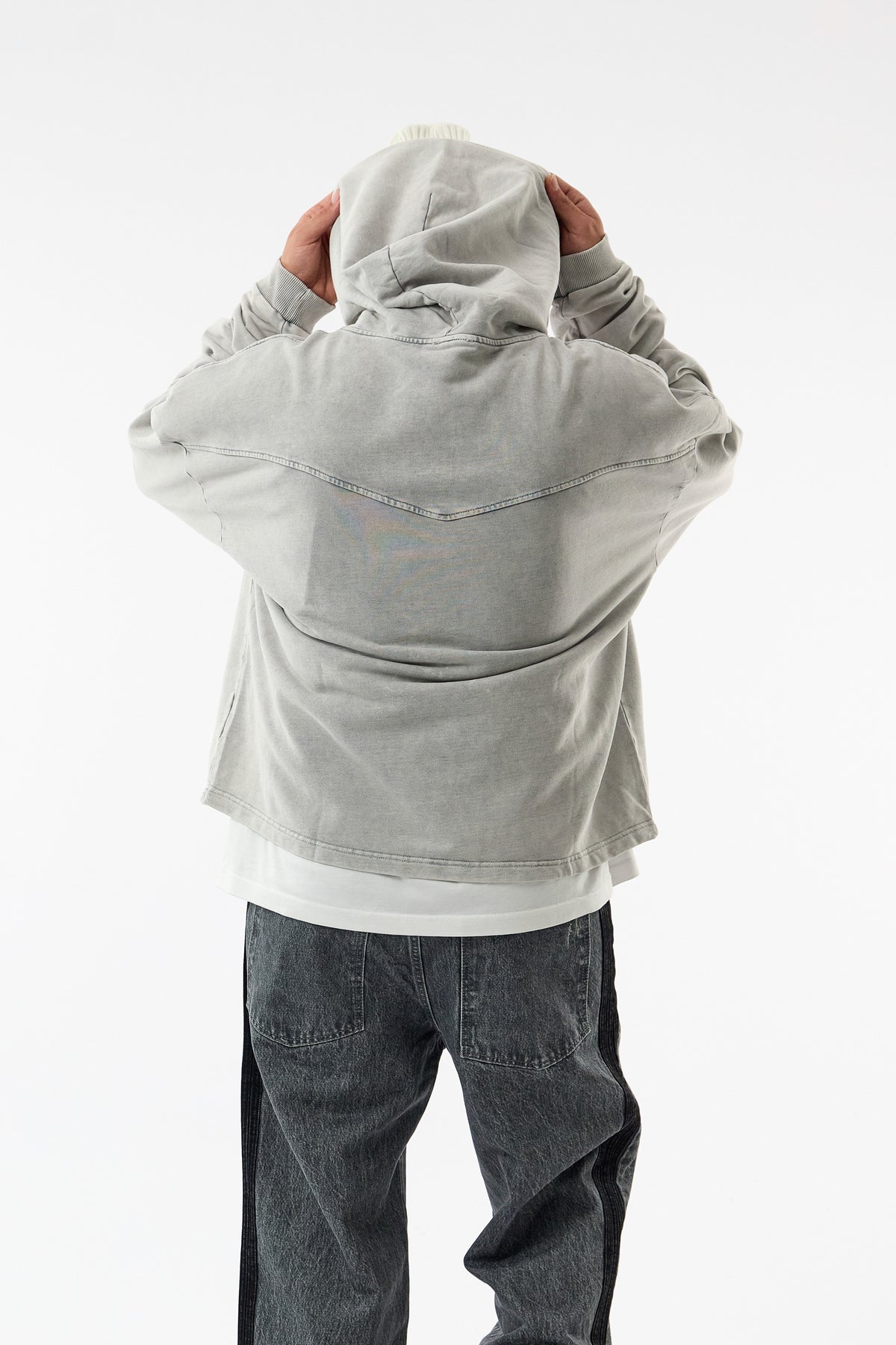 Faded Yıkamalı Tasarım Gri Oversize Kapüşonlu Erkek Sweatshirt COC3669