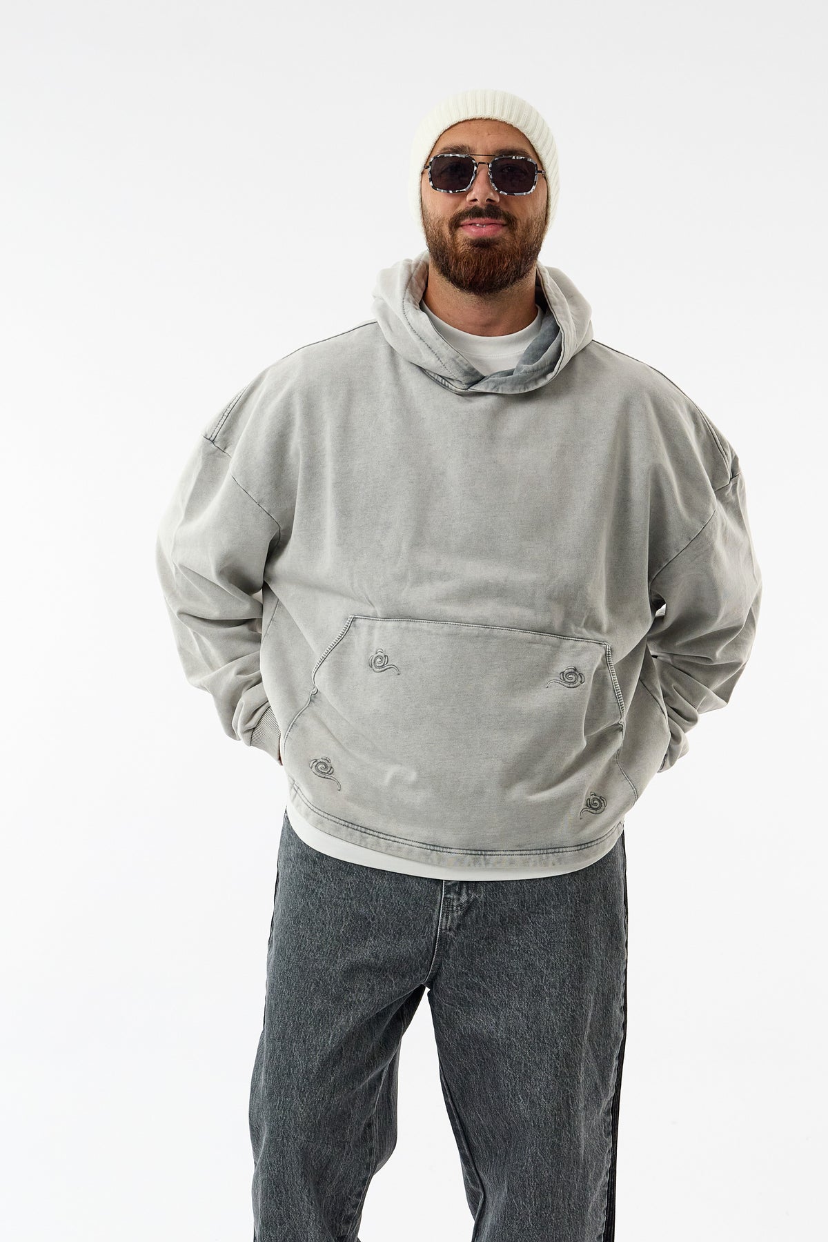 Faded Yıkamalı Tasarım Gri Oversize Kapüşonlu Erkek Sweatshirt COC3669