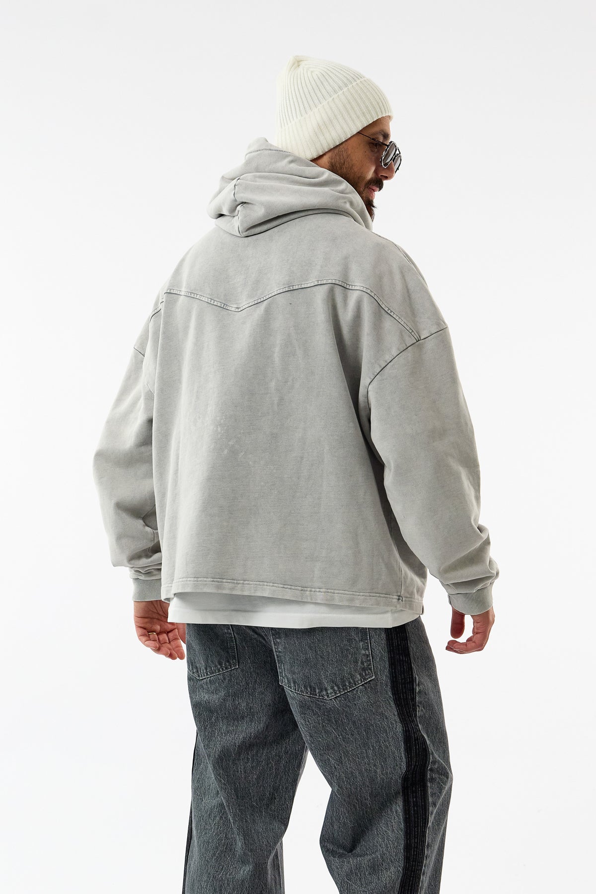 Faded Yıkamalı Tasarım Gri Oversize Kapüşonlu Erkek Sweatshirt COC3669