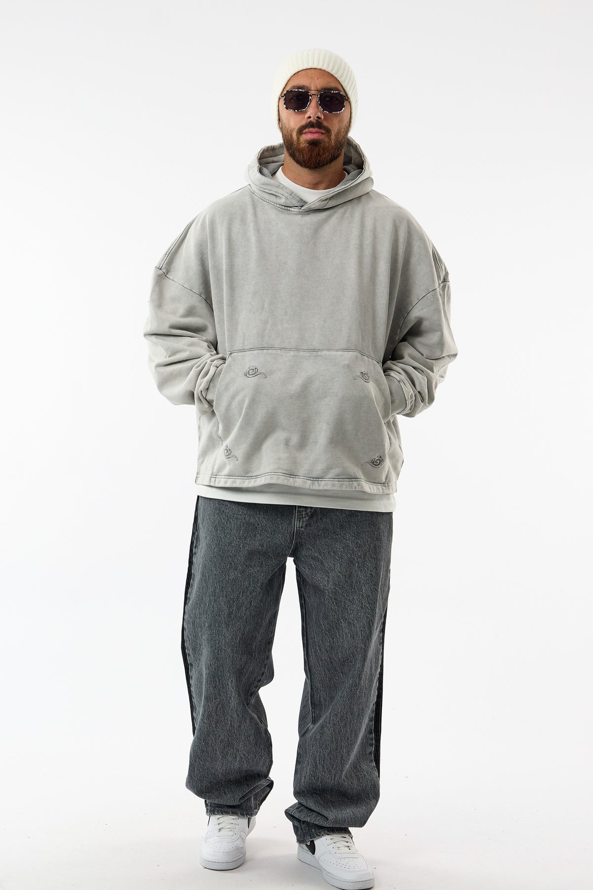 Faded Yıkamalı Tasarım Gri Oversize Kapüşonlu Erkek Sweatshirt COC3669