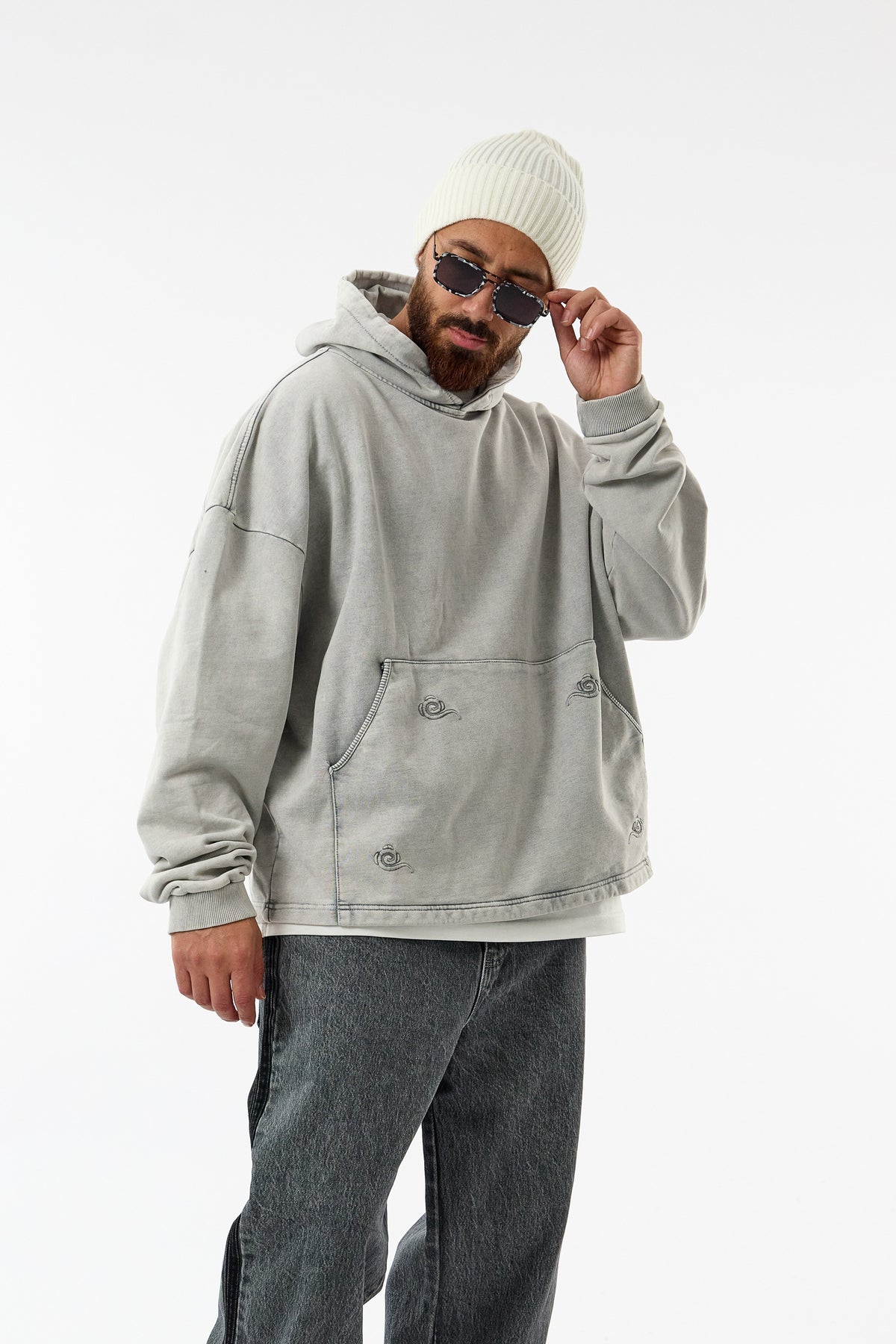 Faded Yıkamalı Tasarım Gri Oversize Kapüşonlu Erkek Sweatshirt COC3669