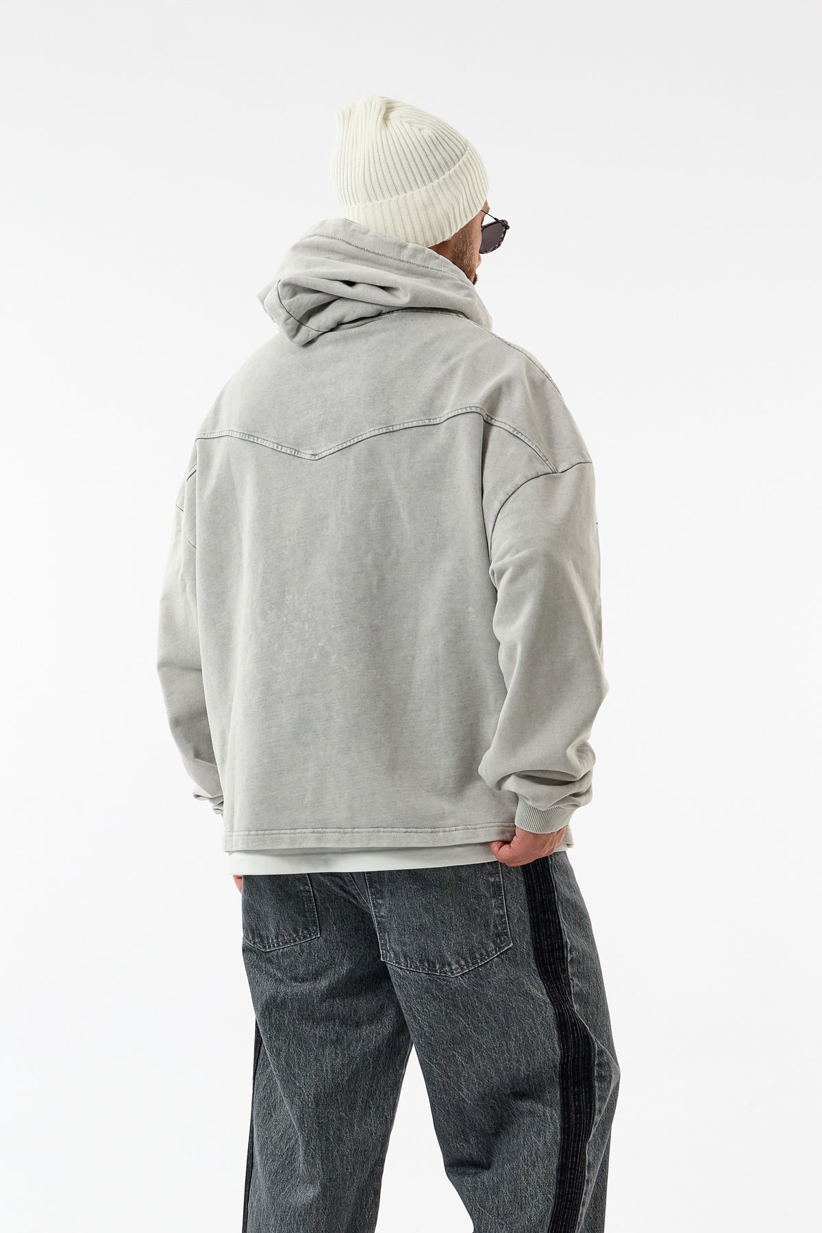 Faded Yıkamalı Tasarım Gri Oversize Kapüşonlu Erkek Sweatshirt COC3669