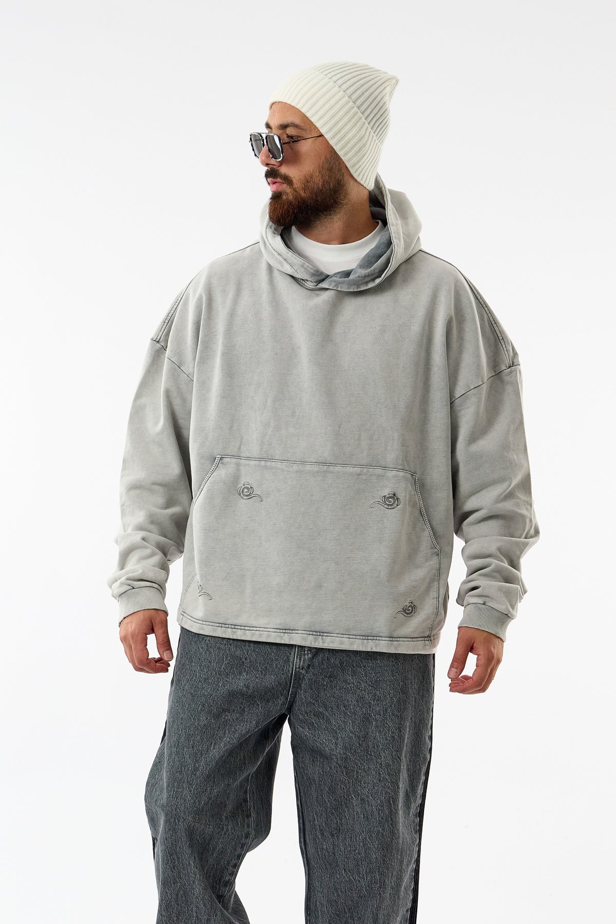 Faded Yıkamalı Tasarım Gri Oversize Kapüşonlu Erkek Sweatshirt COC3669