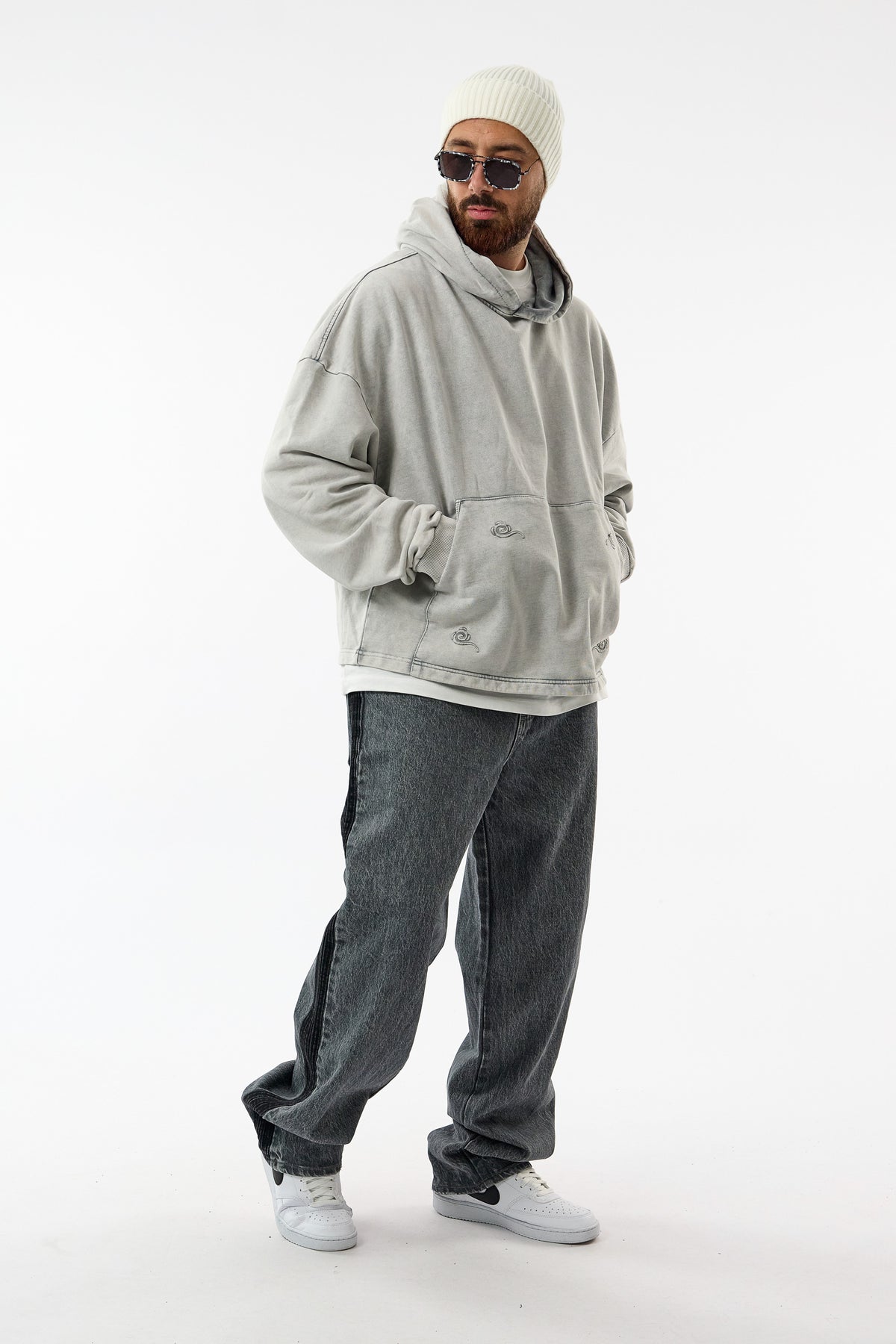 Faded Yıkamalı Tasarım Gri Oversize Kapüşonlu Erkek Sweatshirt COC3669
