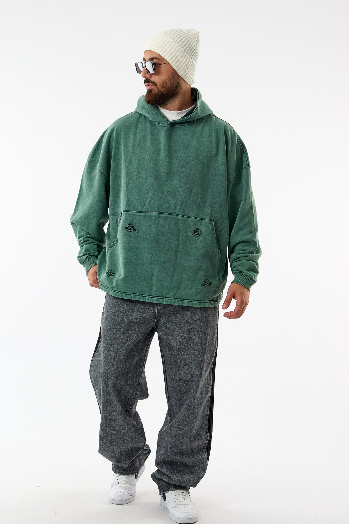 Faded Yıkamalı Tasarım Yeşil Oversize Kapüşonlu Erkek Sweatshirt COC3673