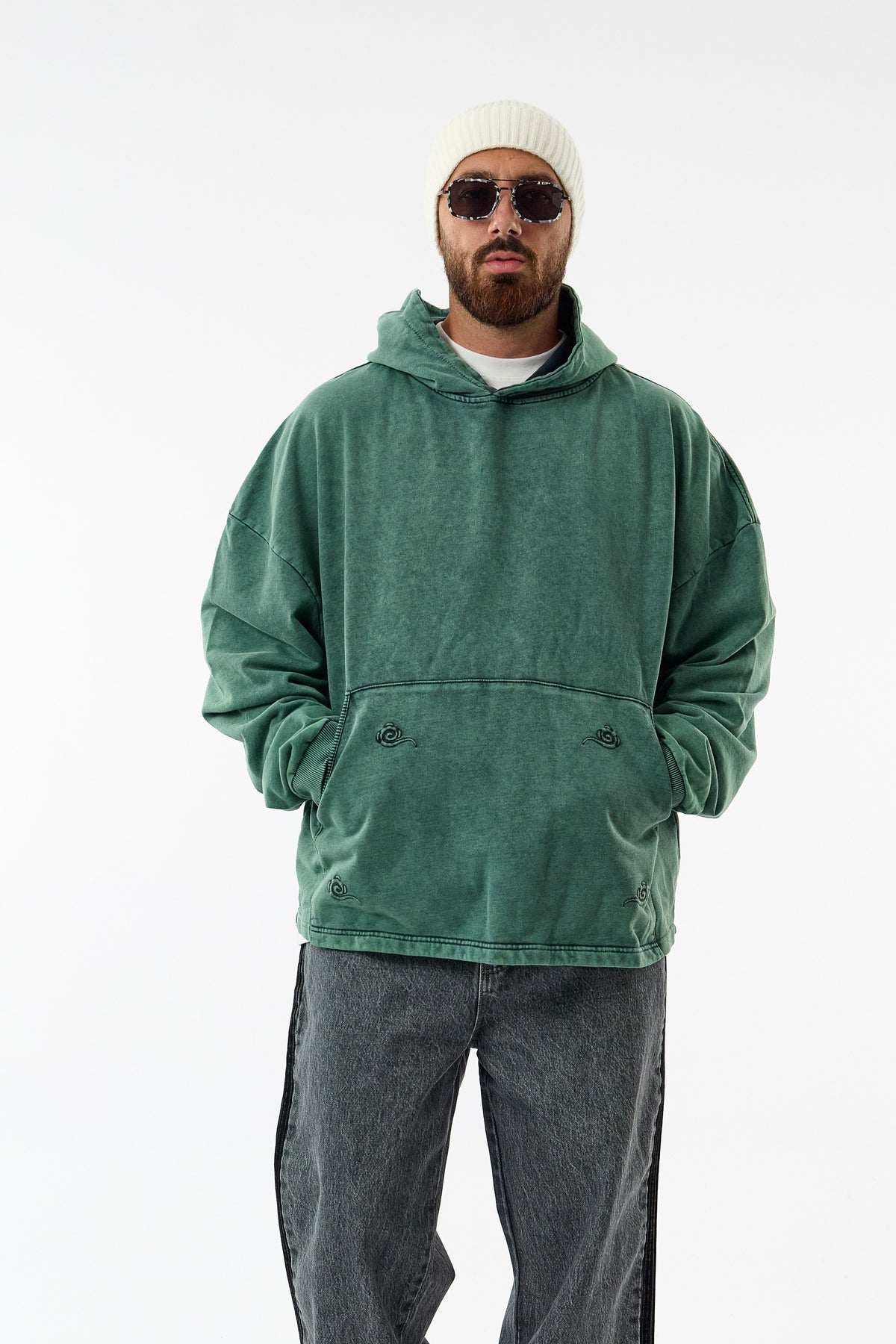 Faded Yıkamalı Tasarım Yeşil Oversize Kapüşonlu Erkek Sweatshirt COC3673