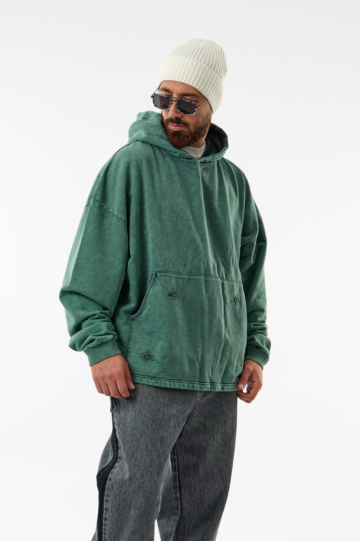 Faded Yıkamalı Tasarım Yeşil Oversize Kapüşonlu Erkek Sweatshirt COC3673