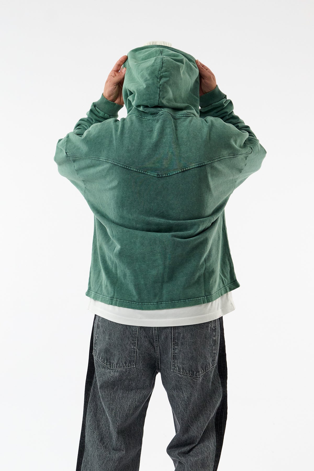 Faded Yıkamalı Tasarım Yeşil Oversize Kapüşonlu Erkek Sweatshirt COC3673