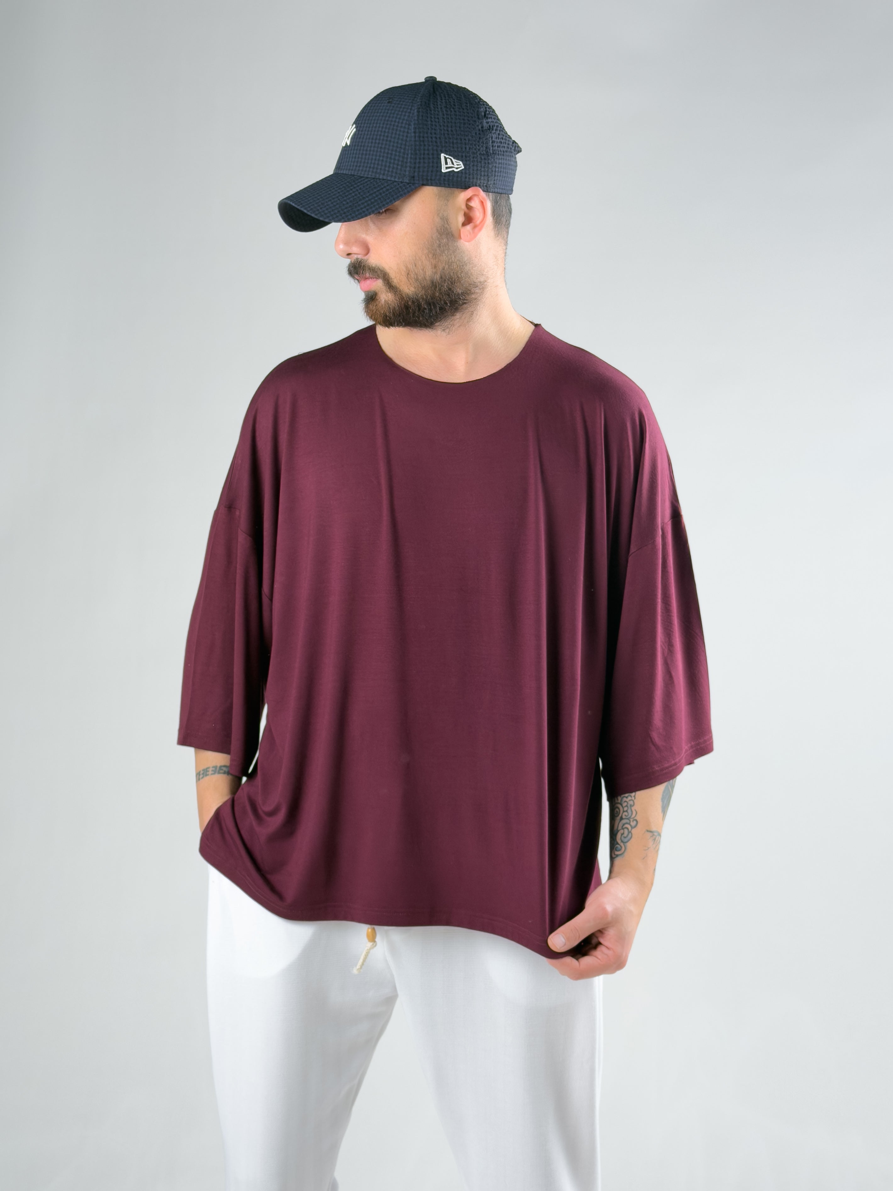 Fakir Kol Bordo Oversize Viscon T-Shirt COC3025