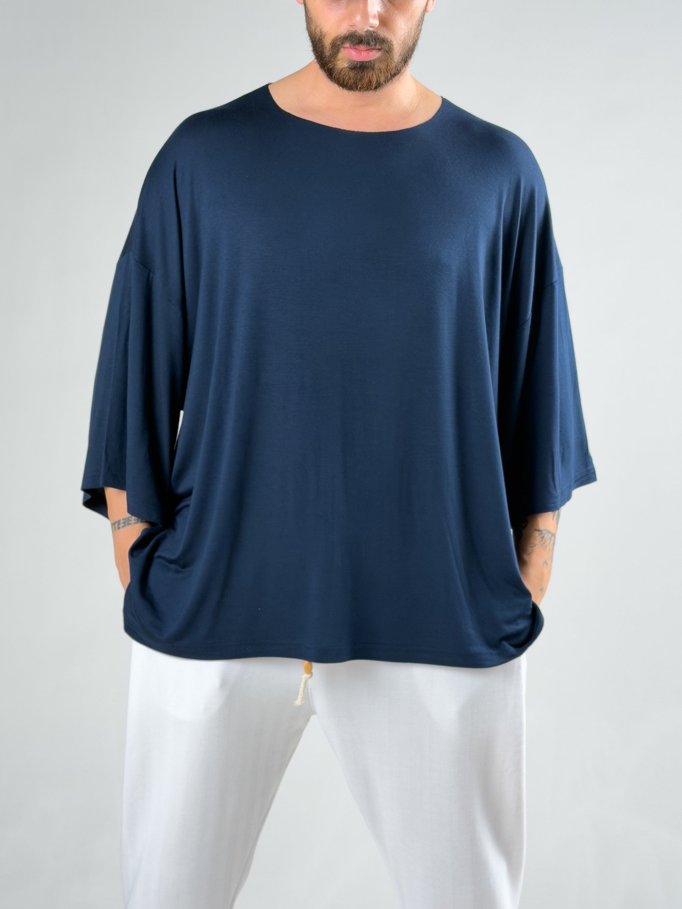 Fakir Kol Lacivert Oversize Viscon T-Shirt COC3026