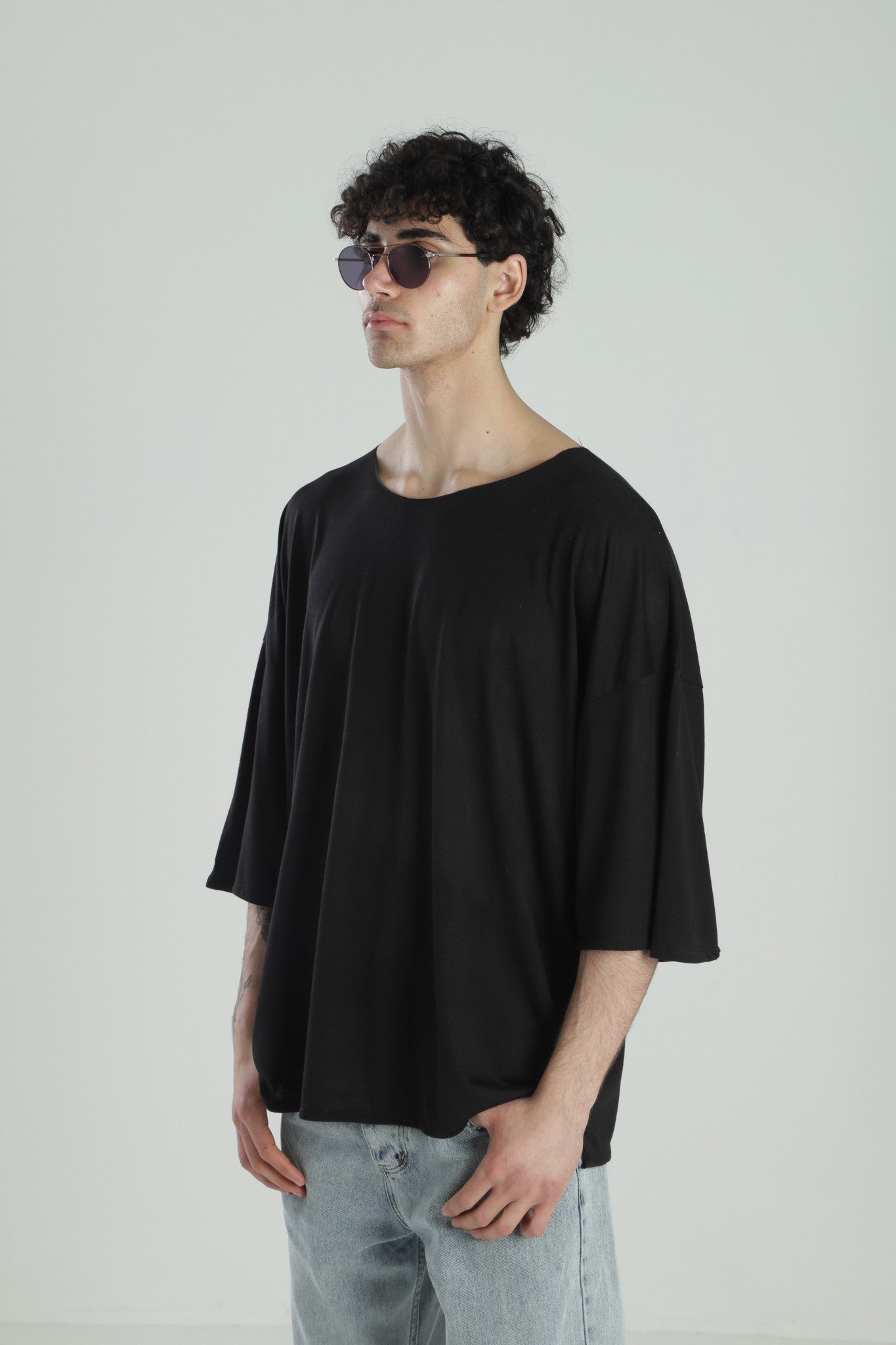 Fakir Kol Siyah Oversize Viscon T-Shirt COC2277