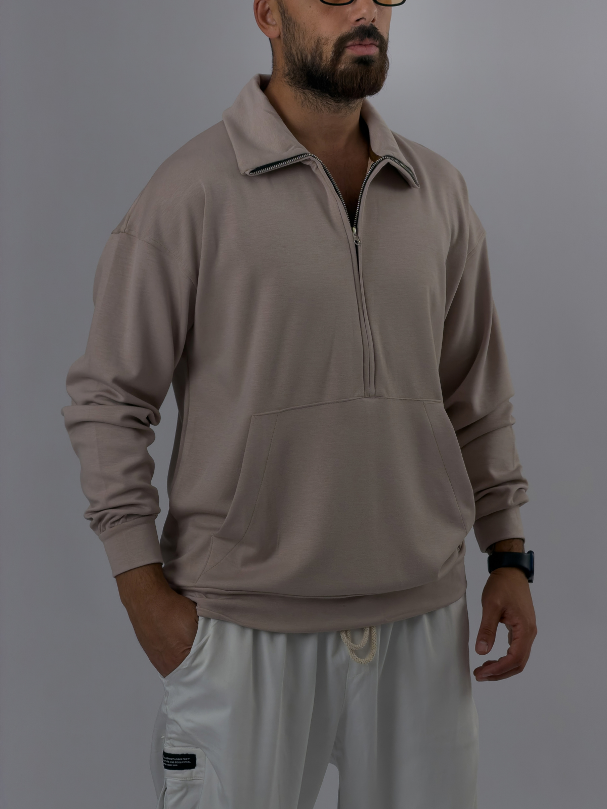 Fermuarlı Polo Yaka Bej Erkek Sweatshirt COC3523