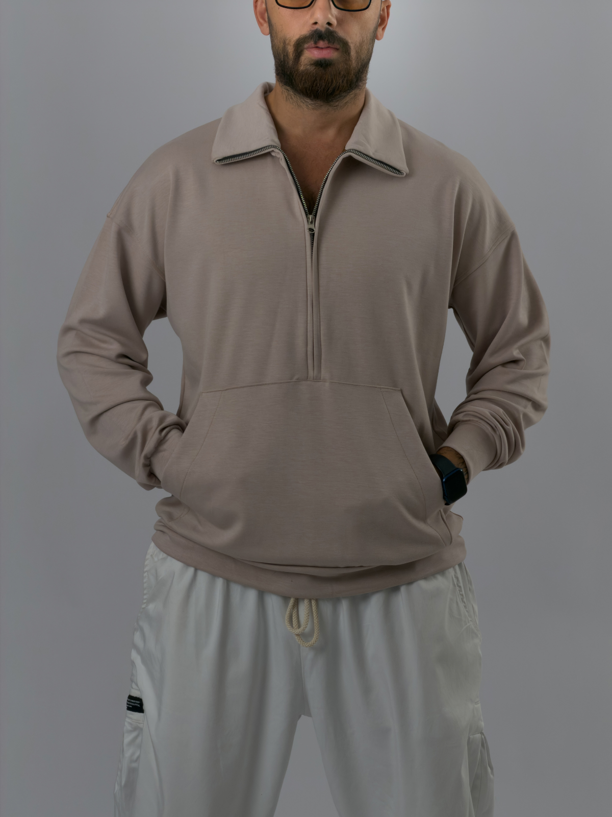 Fermuarlı Polo Yaka Bej Erkek Sweatshirt COC3523