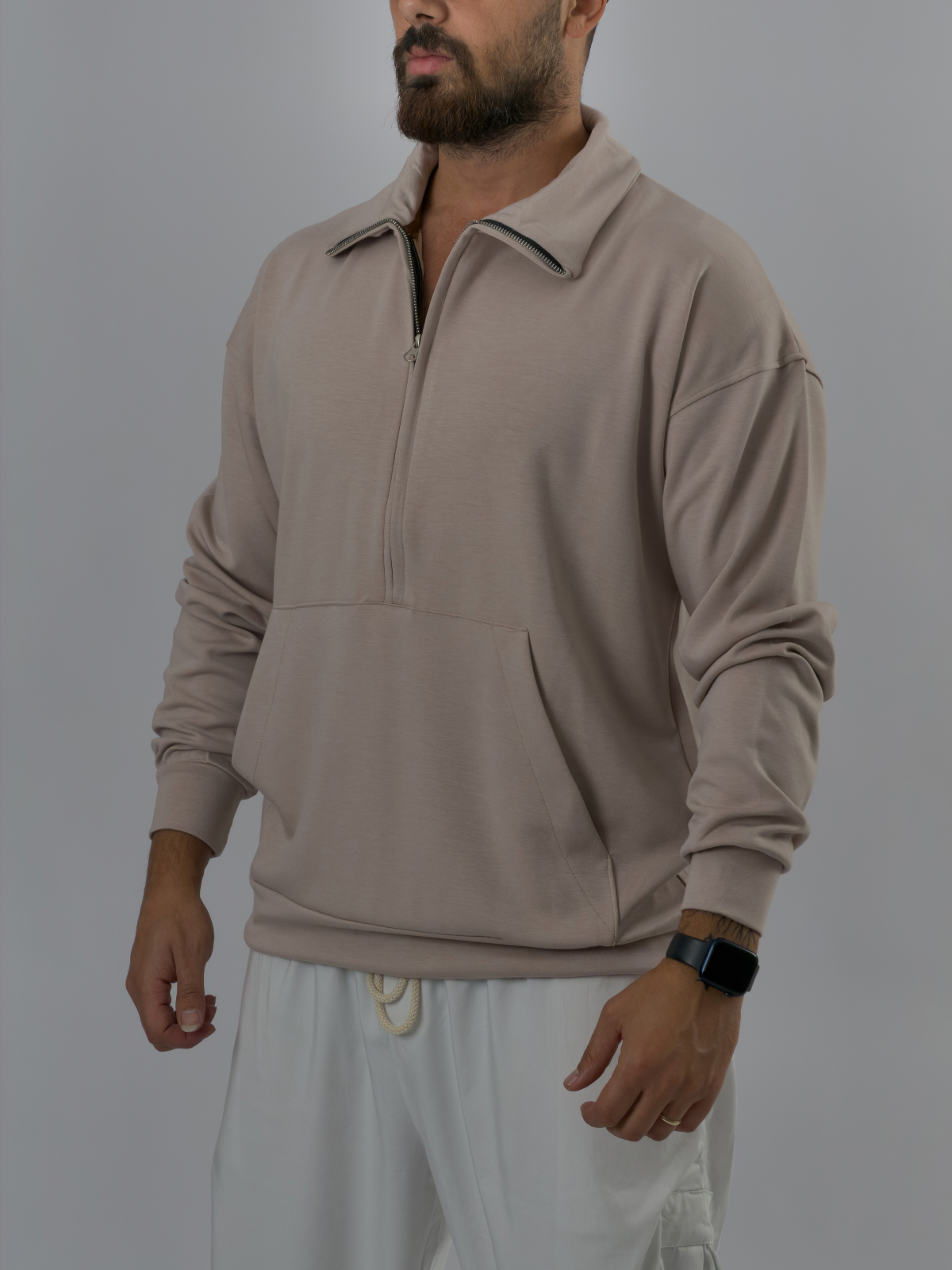 Fermuarlı Polo Yaka Bej Erkek Sweatshirt COC3523