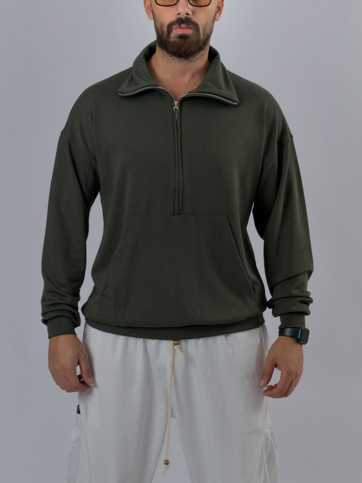 Fermuarlı Polo Yaka Haki Erkek Sweatshirt COC3522