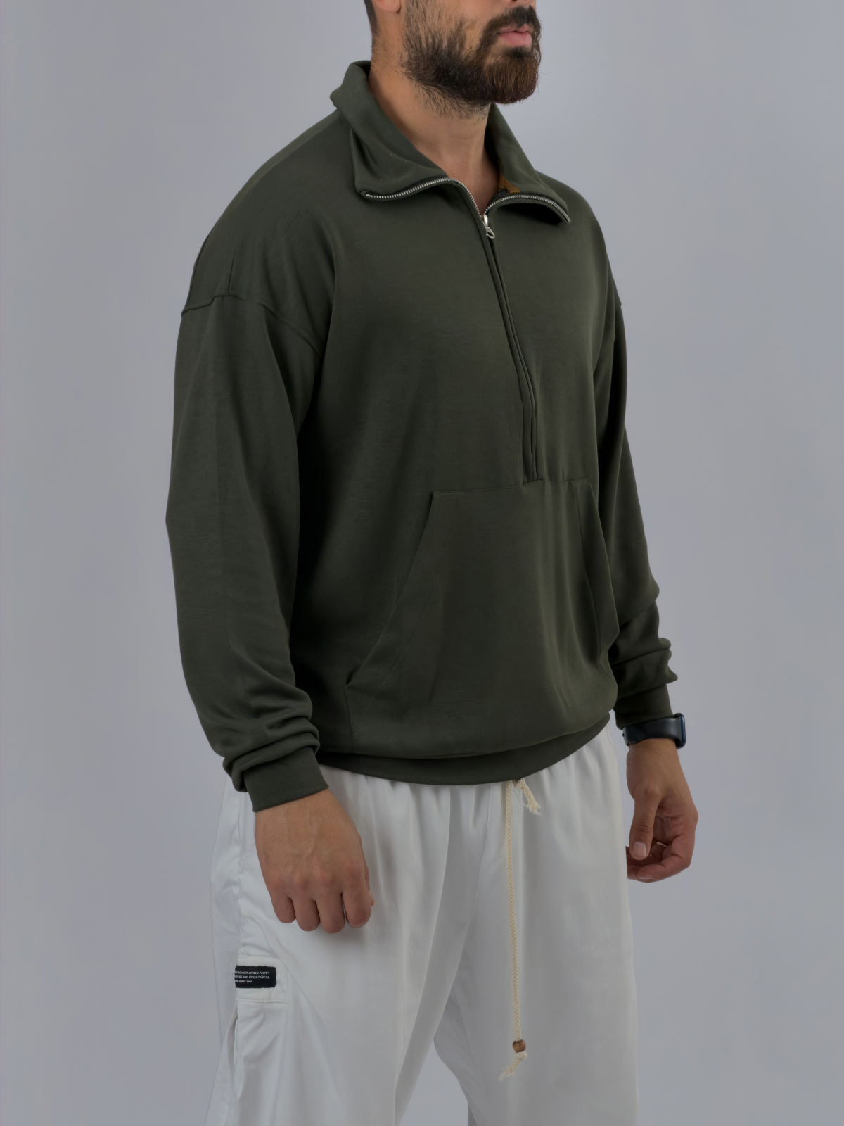 Fermuarlı Polo Yaka Haki Erkek Sweatshirt COC3522