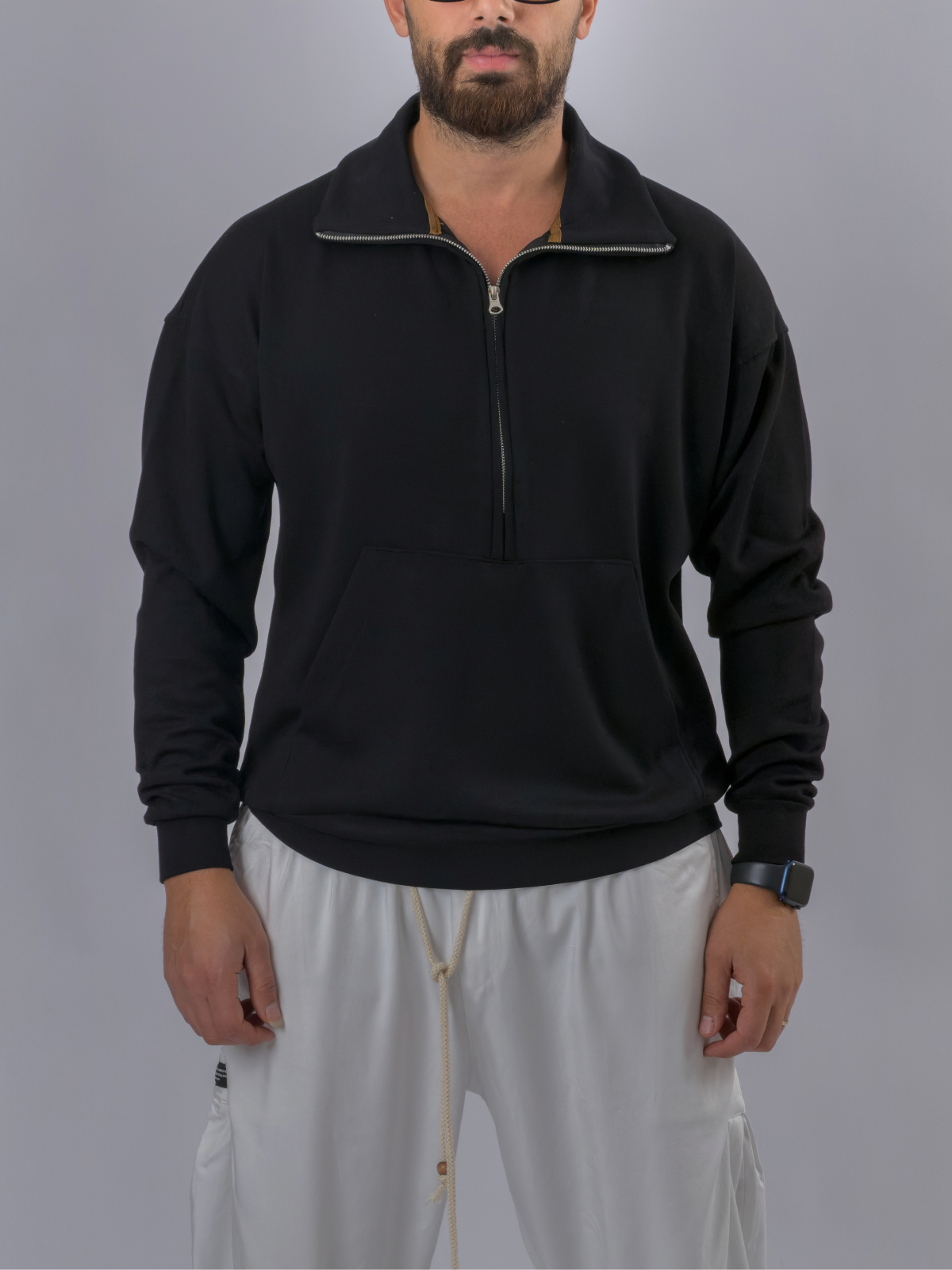 Fermuarlı Polo Yaka Siyah Erkek Sweatshirt COC3521