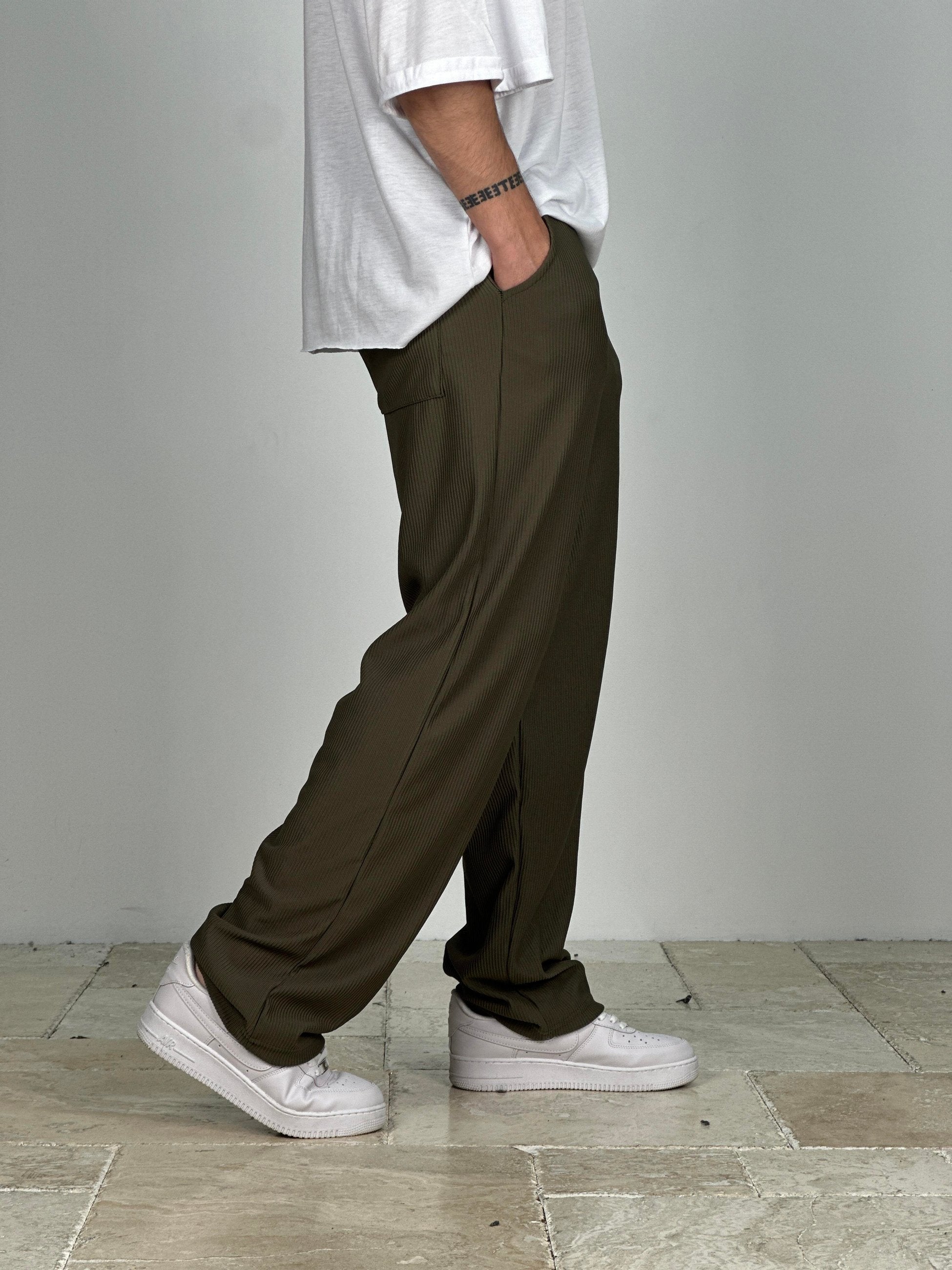 Fitilli Kumaş Haki Baggy Pantolon COC2288