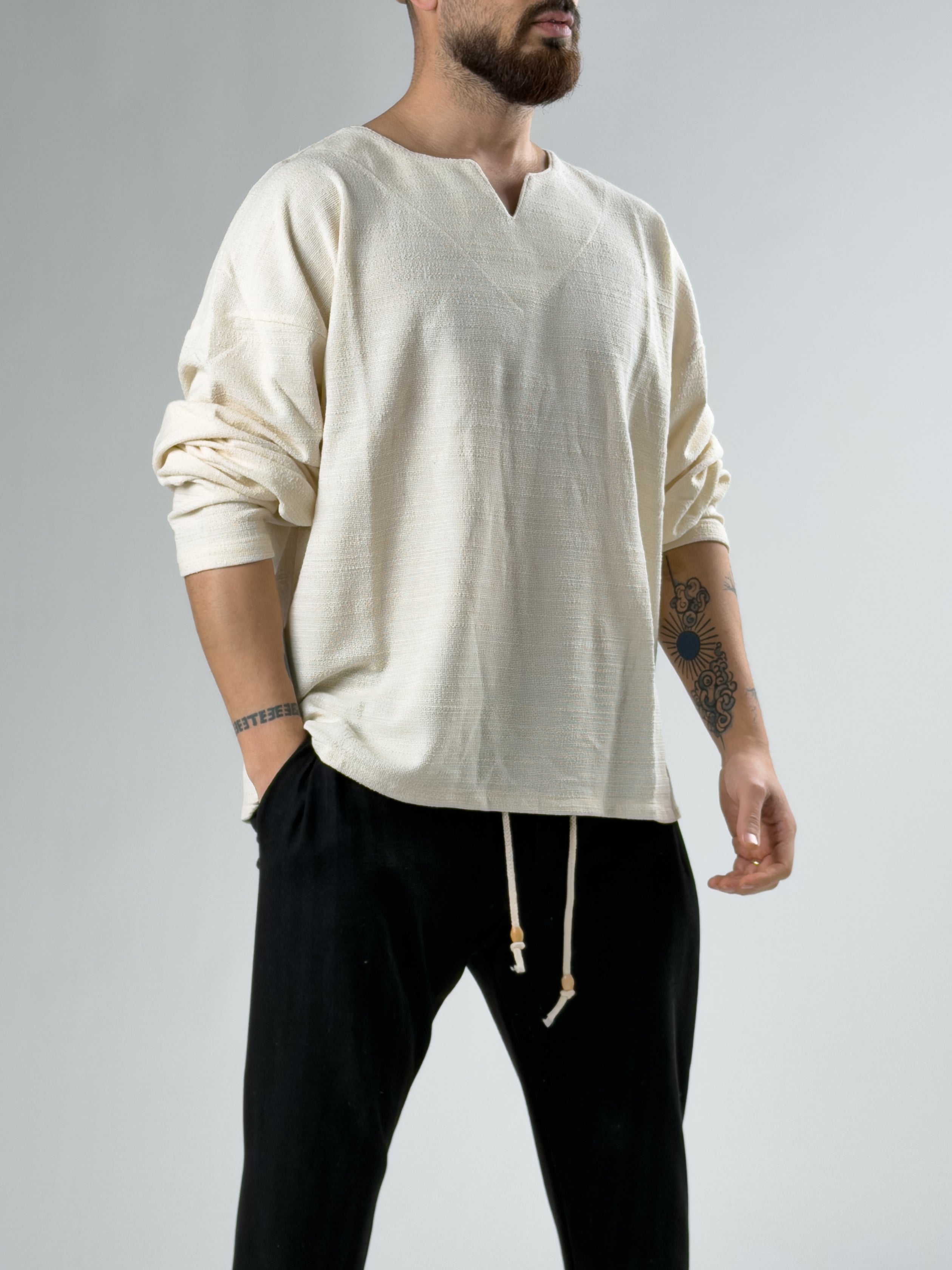 Flamlı Keten Erkek Bej Sweat COC2930