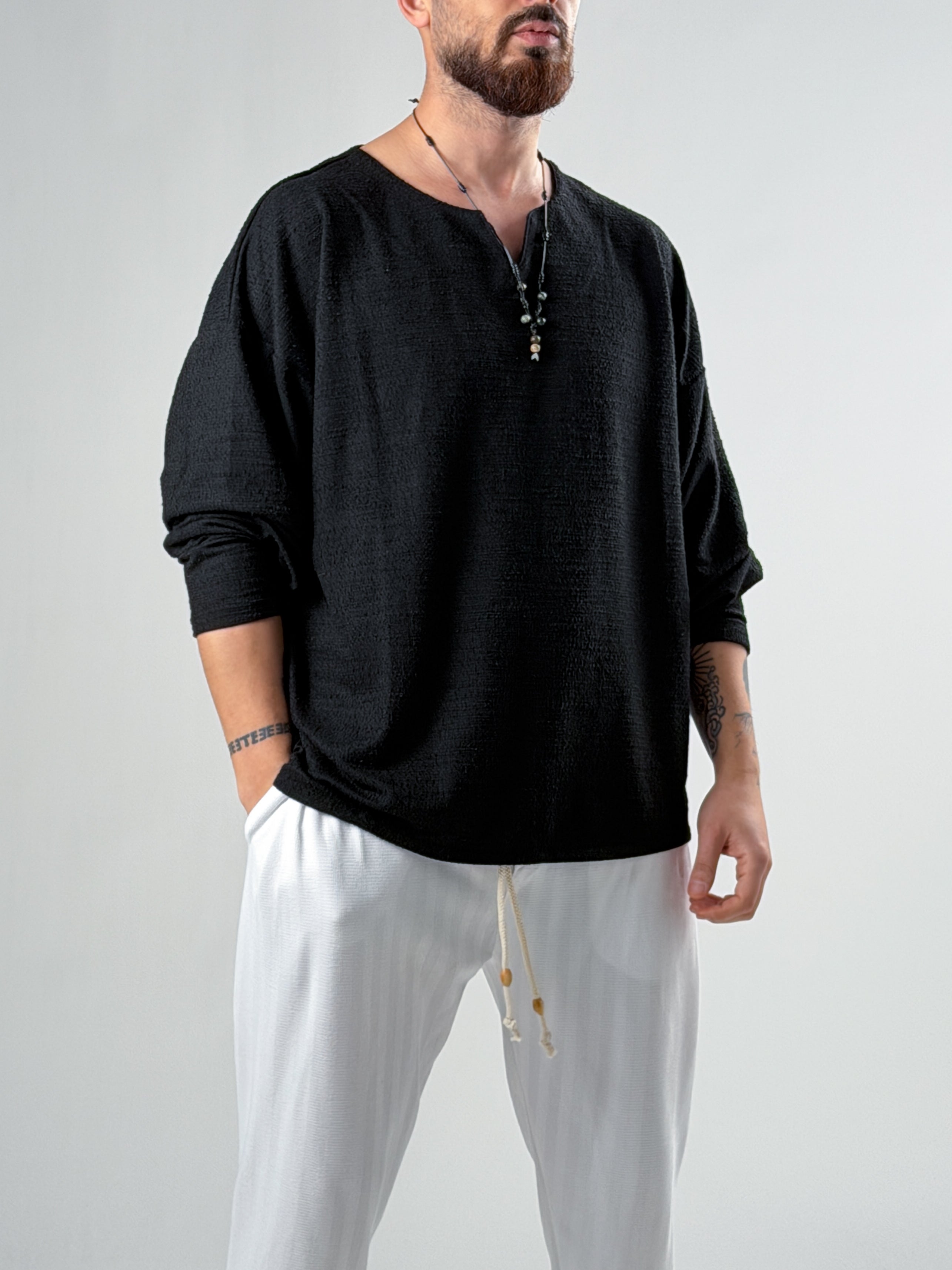 Flamlı Keten Erkek Siyah Sweat COC2931