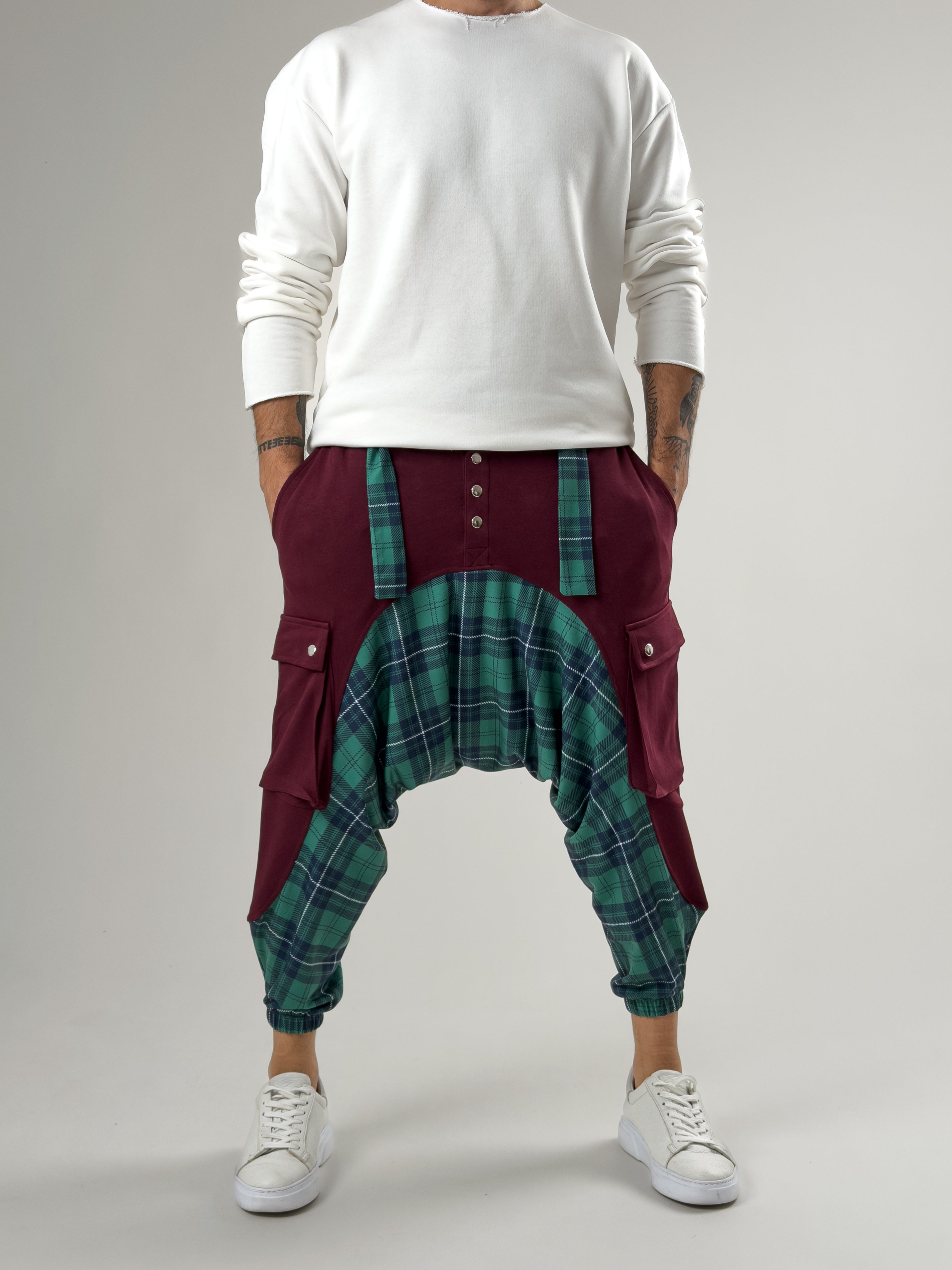 Garni Tasarım Erkek Bordo Etnik Desenli Spor Şalvar COC2614