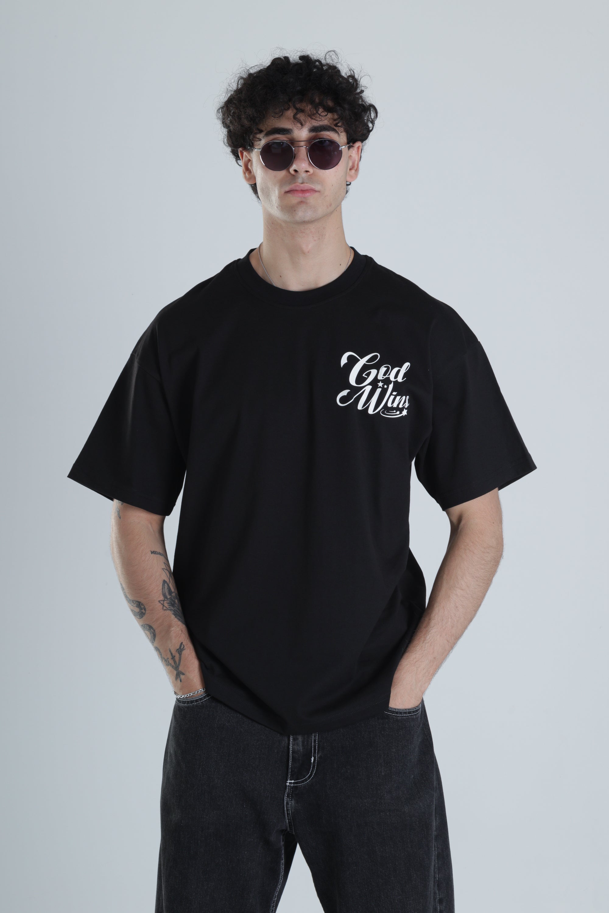 God Wins Siyah Oversize Tasarım T-Shirt COC1389