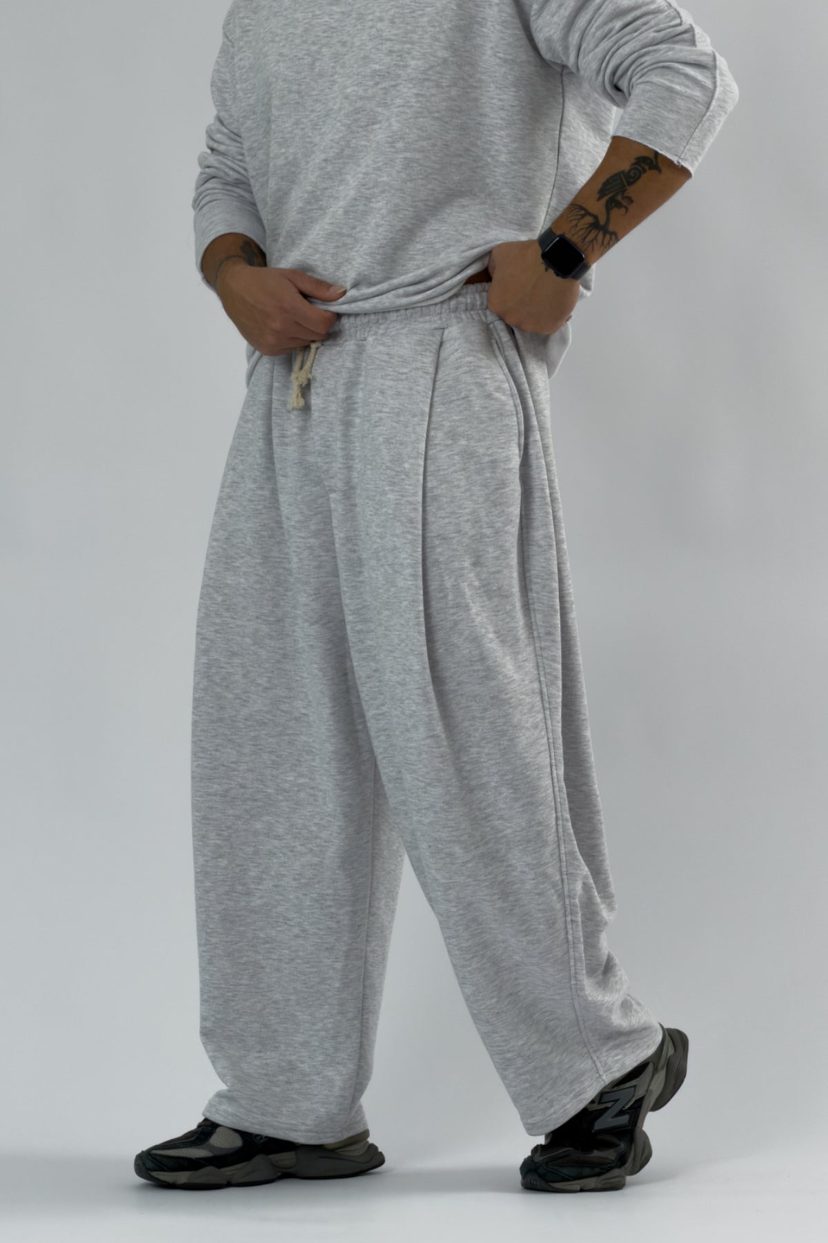 Gri Beli Bağcıklı Pileli Oversize Erkek Baggy Pantolon COC3660