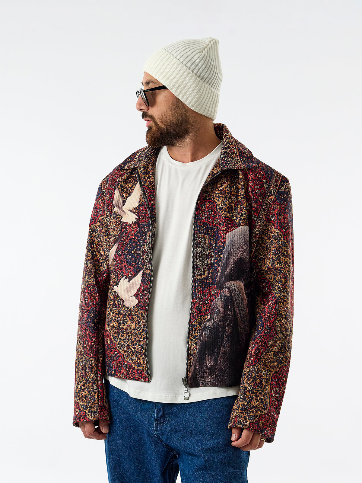 Güvercin Desenli Kadife Fermuarlı Erkek Ceket COC3596