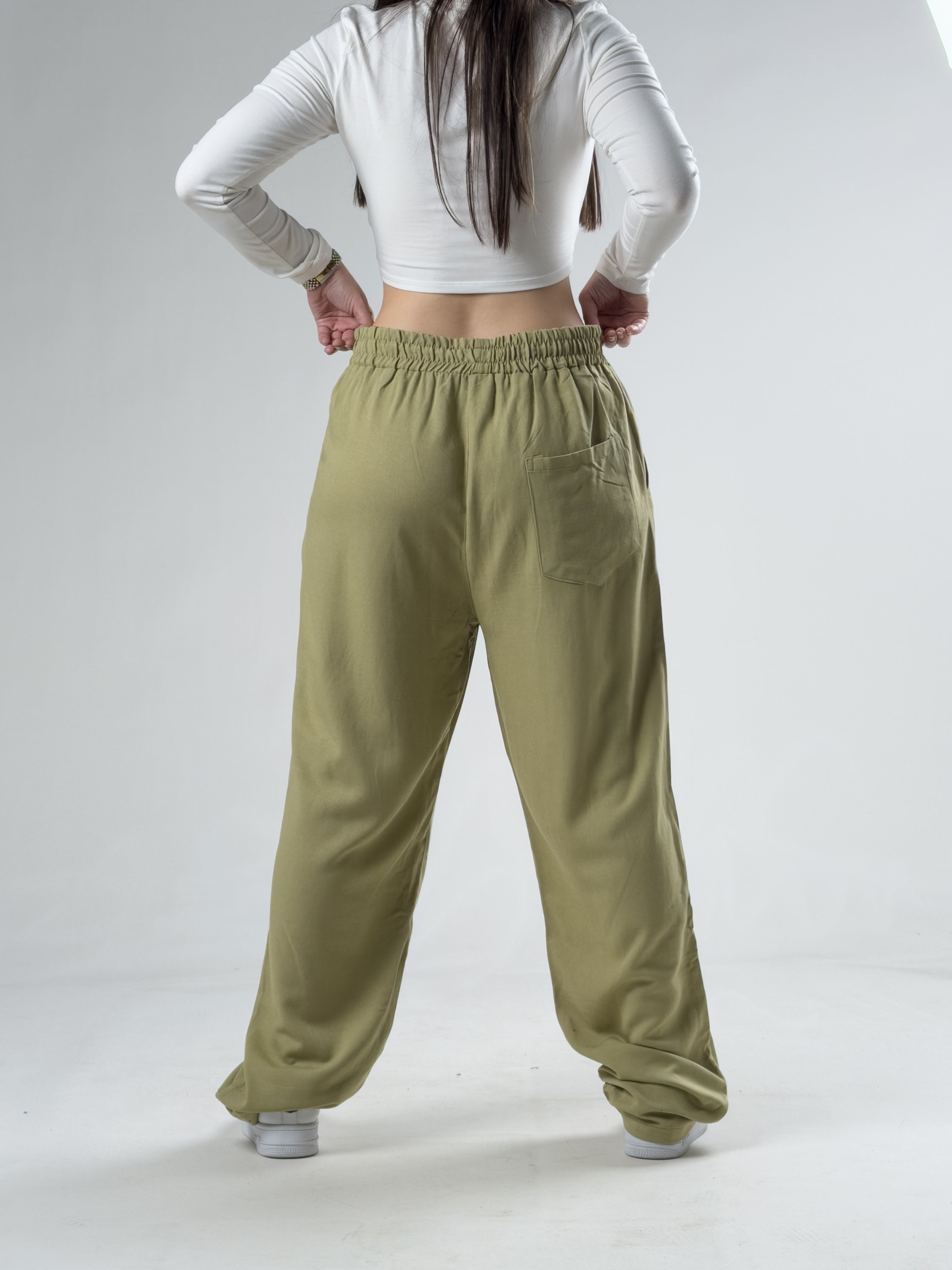 Haki Keten Kadın Baggy Pantolon COCK0019