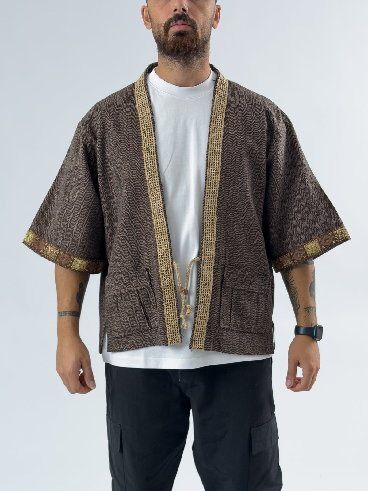 Hasır Detaylı Tasarım Kahverengi Erkek Kimono COC3449