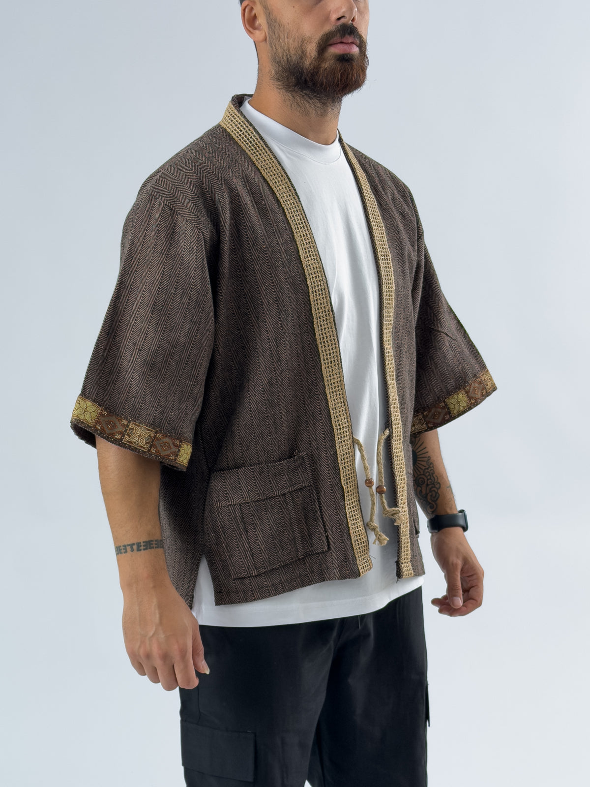 Hasır Detaylı Tasarım Kahverengi Erkek Kimono COC3449