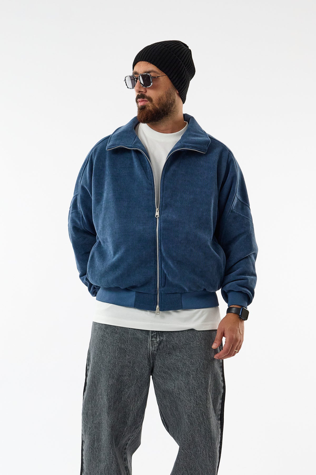Hudson Fitilli Kadife Bomber Mavi Unisex Ceket COC3675