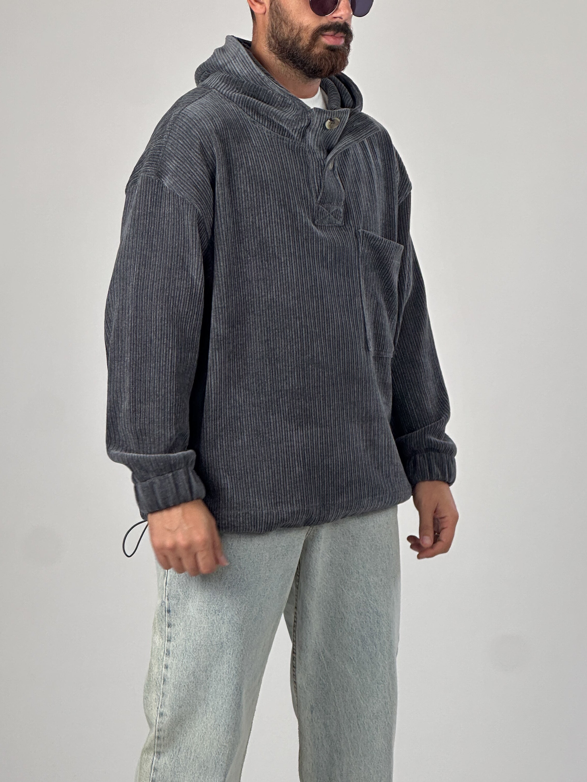 Kadife Dokulu Antrasit Oversize Kapüşonlu Erkek Sweatshirt COC1035